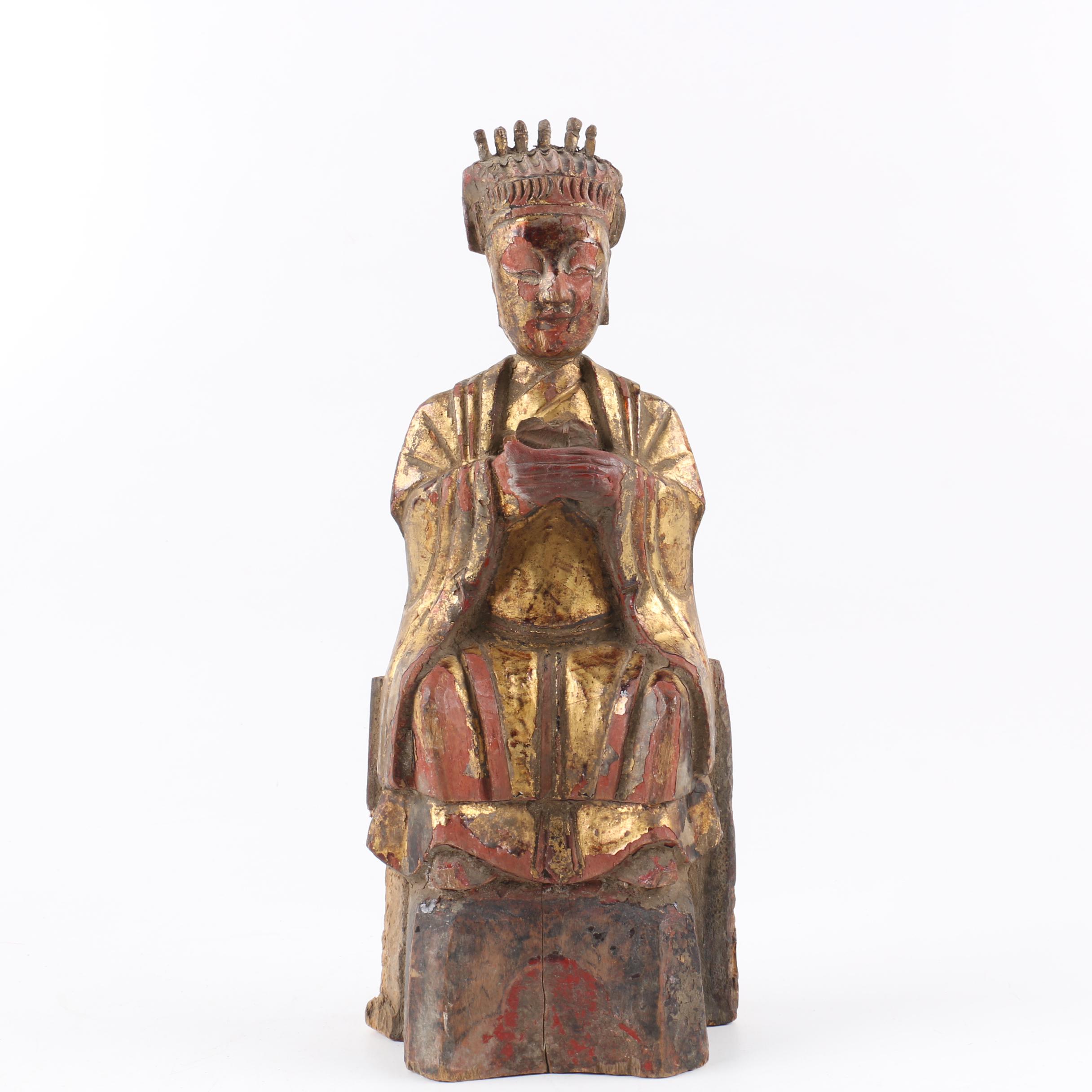 Chinese Carved Wood Gilt and Polychrome Lady with Crown