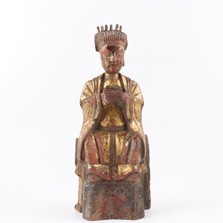 Chinese Carved Wood Gilt and Polychrome Lady with Crown