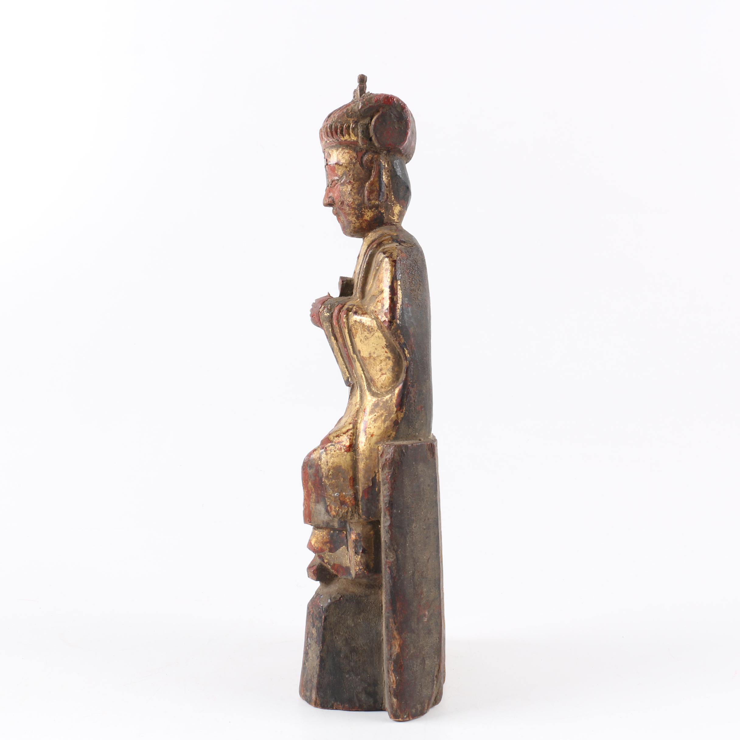 Chinese Carved Wood Gilt and Polychrome Lady with Crown
