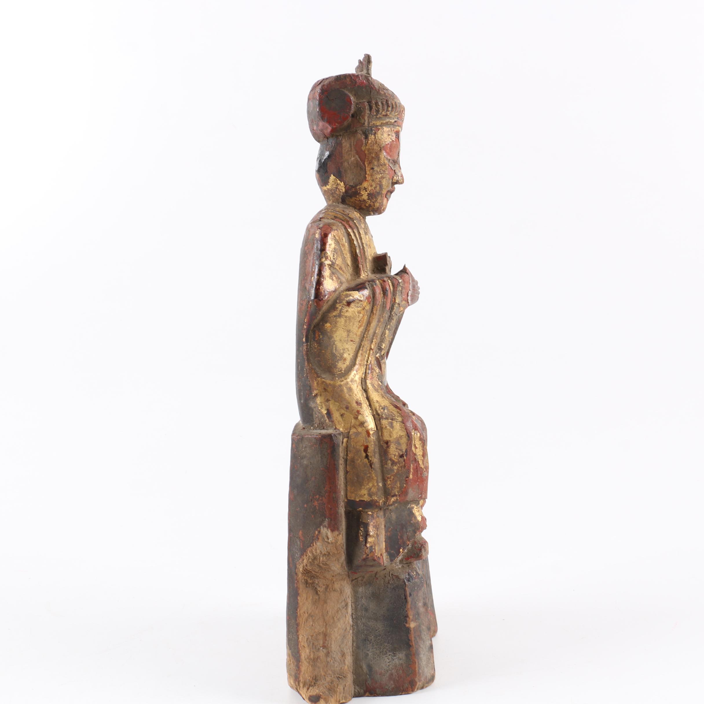 Chinese Carved Wood Gilt and Polychrome Lady with Crown