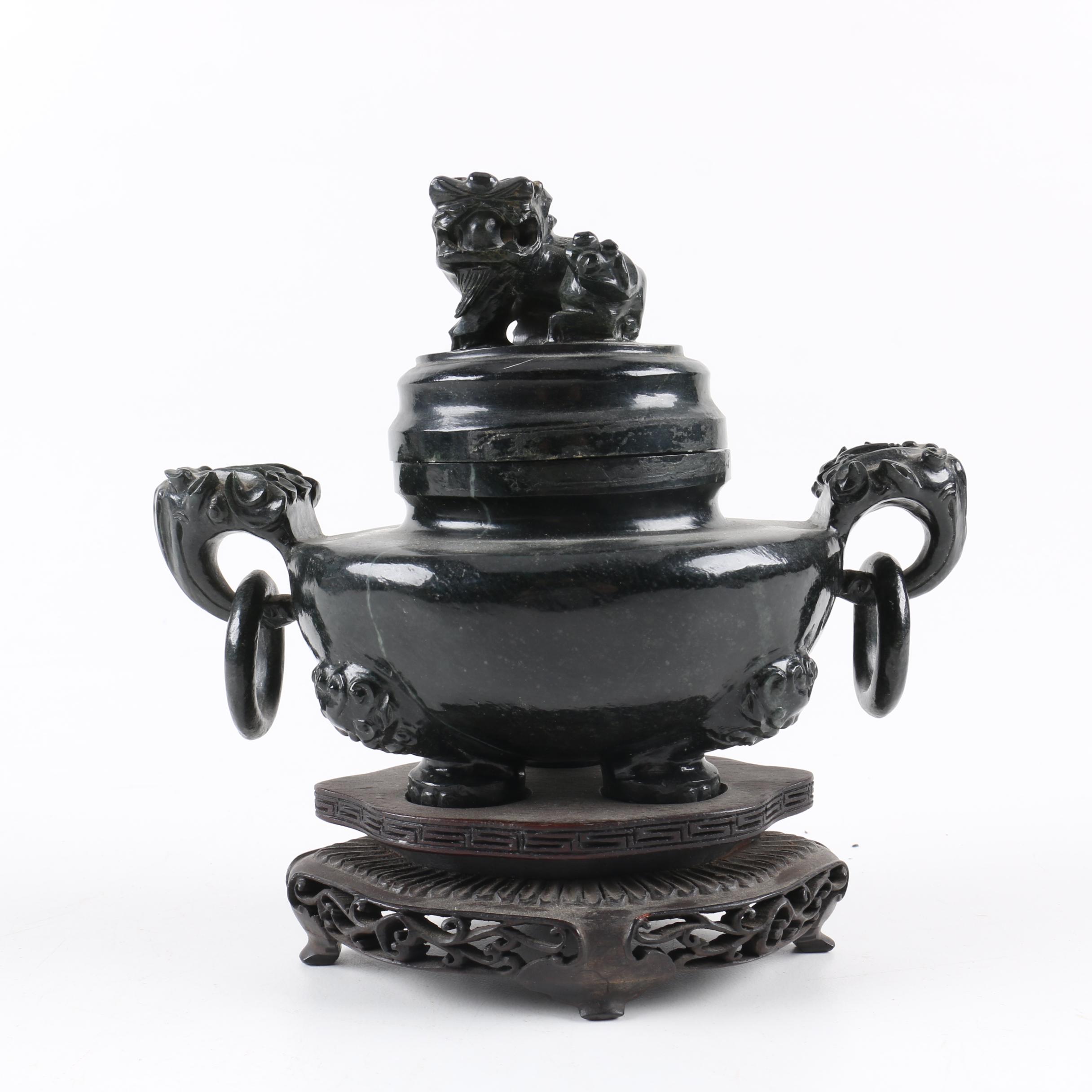 Chinese Carved Wood Censer With a Lid