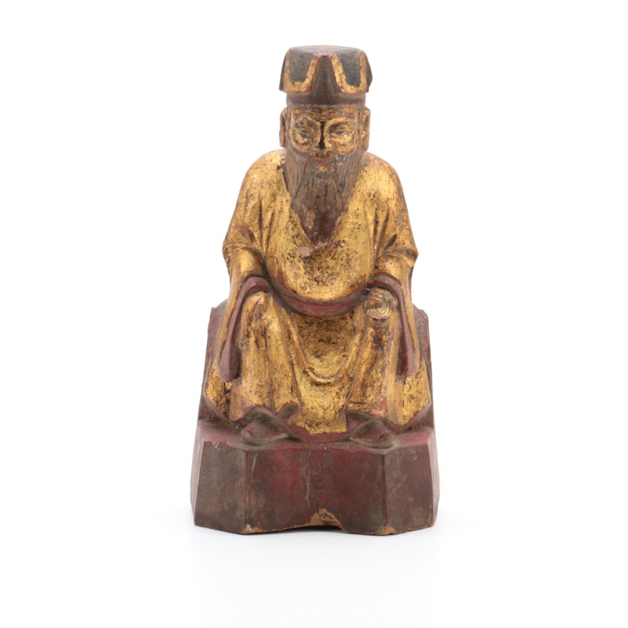 Carved Wood Seated Chinese Scholar-Official with Gilt Robes