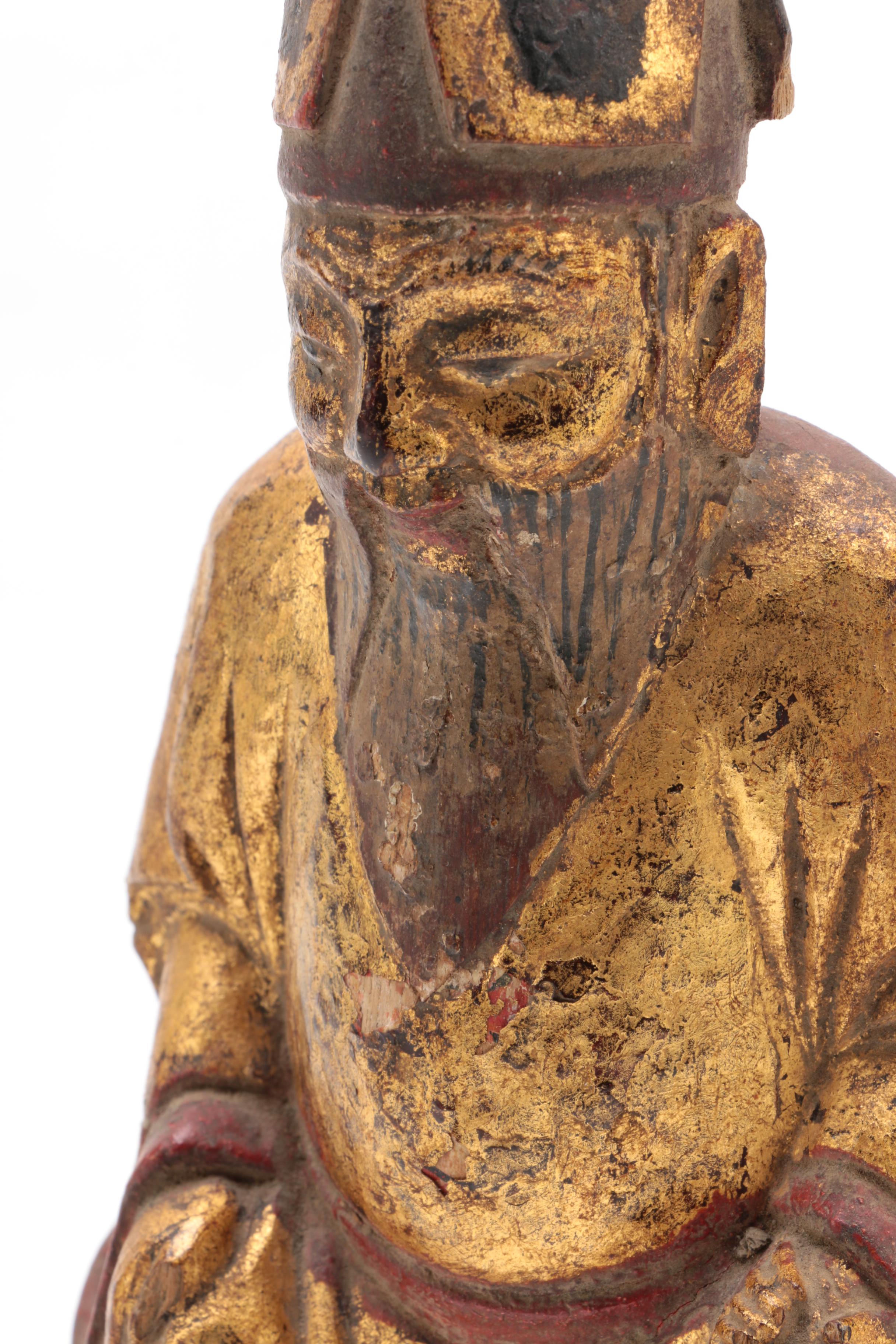 Carved Wood Seated Chinese Scholar-Official with Gilt Robes