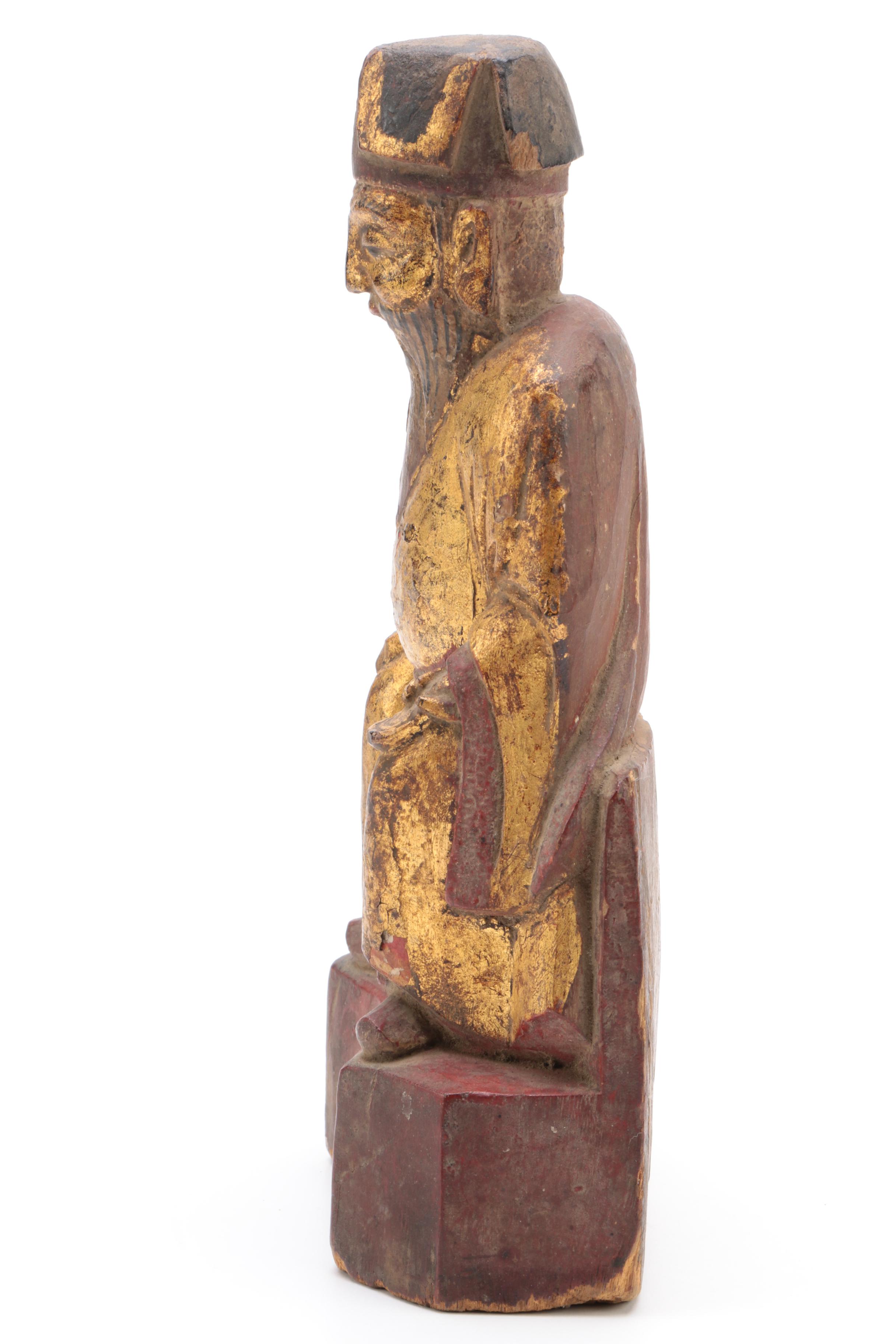 Carved Wood Seated Chinese Scholar-Official with Gilt Robes