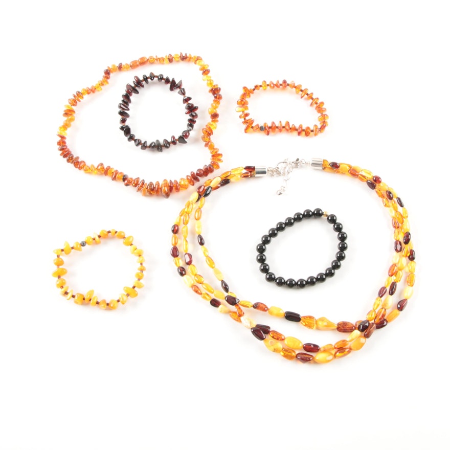 Sterling Silver Amber Beaded Necklaces and Amber and Glass Bracelets