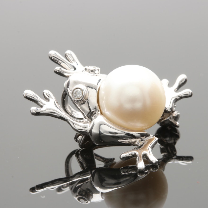14K White Gold Cultured Pearl and Diamond Frog Brooch Pendant Conversion
