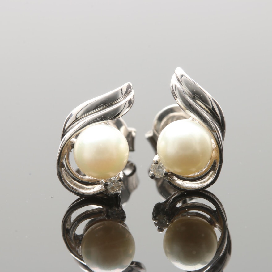 14K White Gold Cultured Pearl and Diamond Earrings