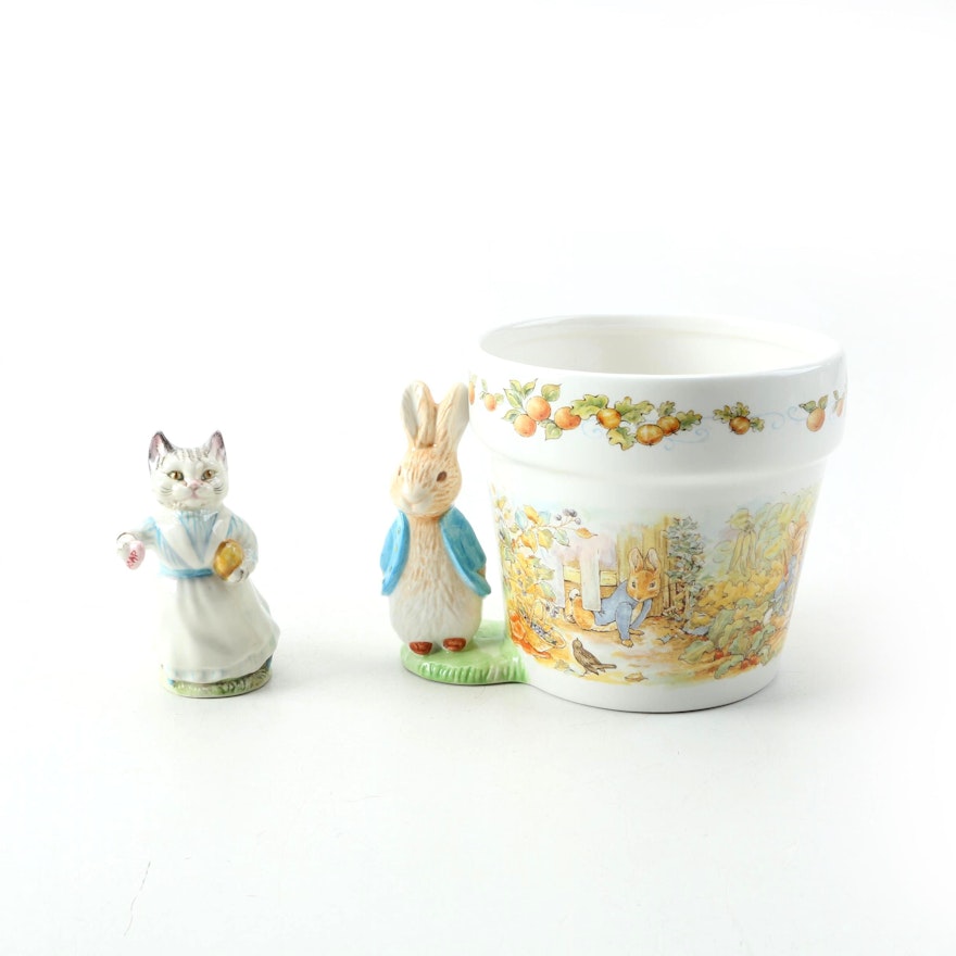 Vintage F. Warne & Co. "Tabitha Twitchett" Figurine and "Peter Rabbit" Planter