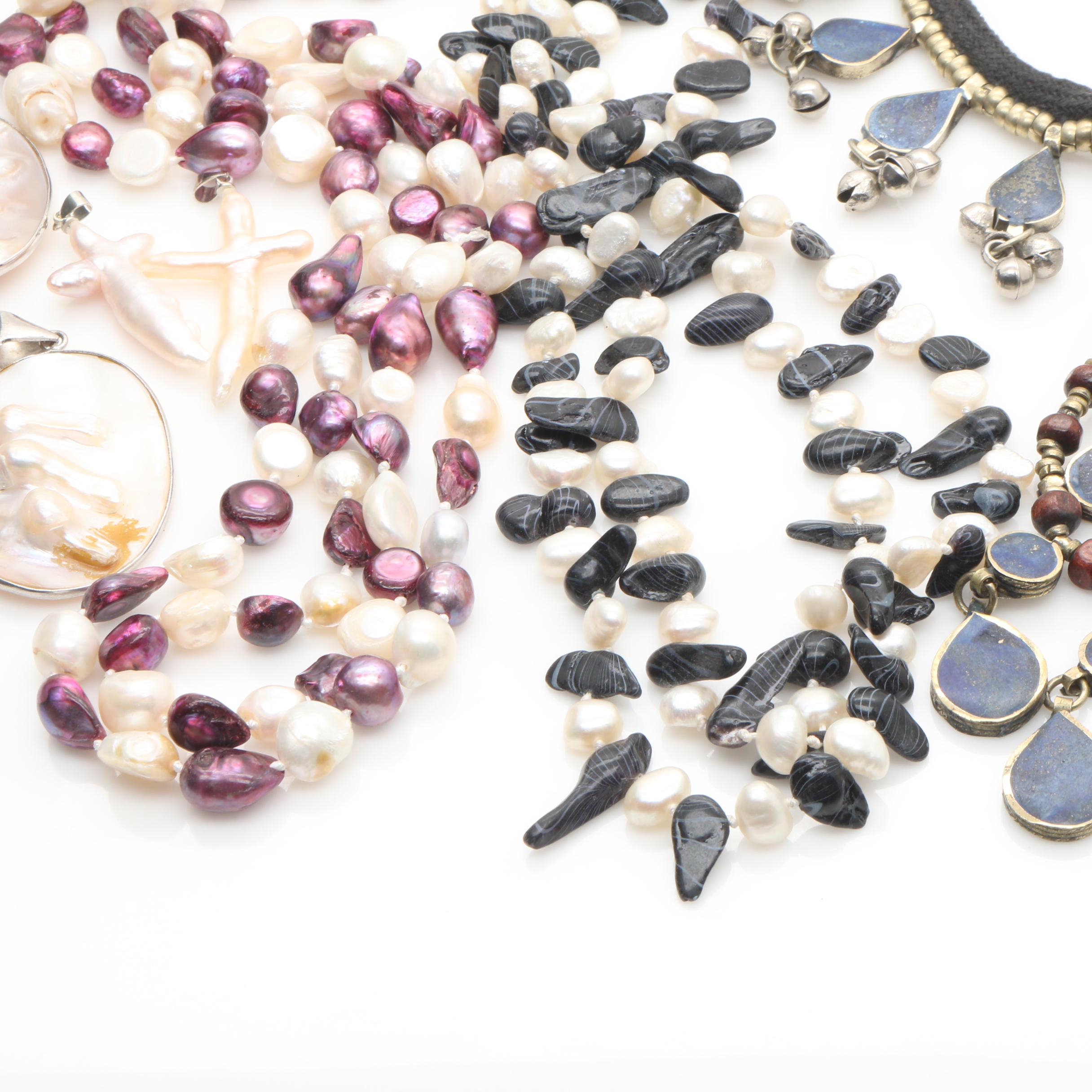 Silver Tone Cultured Pearl , Lapis Lazuli and Glass Jewelry