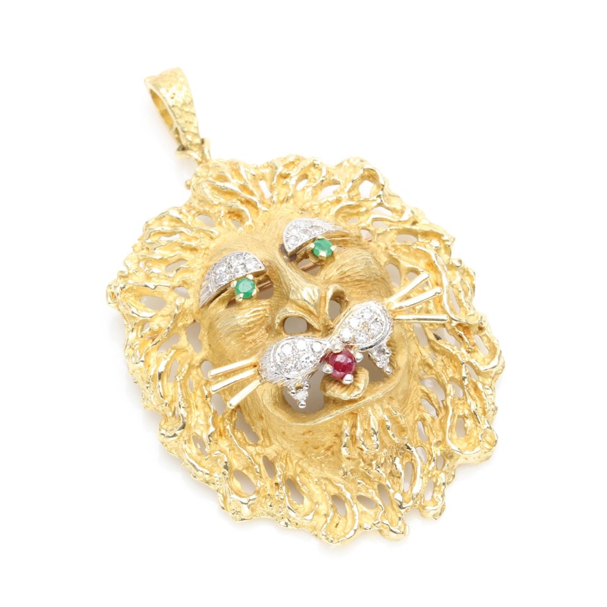 18K Yellow Gold Ruby, Emerald and Diamond Lion Head Converter Brooch