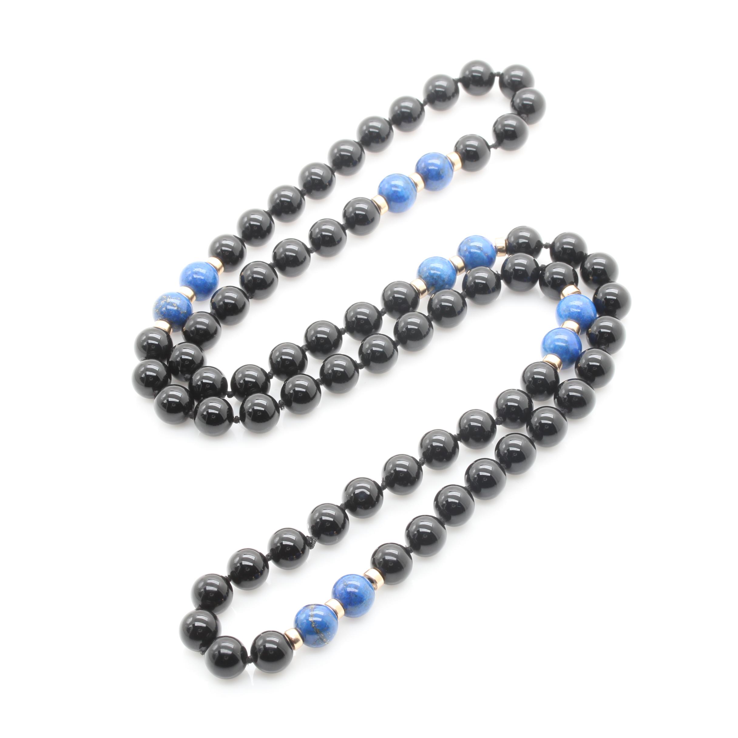 14K Yellow Gold Lapis Lazuli and Black Onyx Endless Necklace