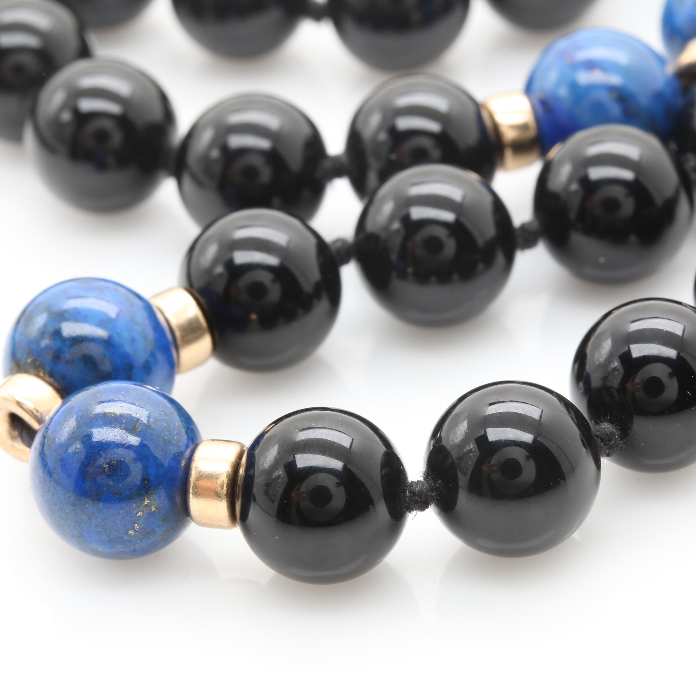 14K Yellow Gold Lapis Lazuli and Black Onyx Endless Necklace