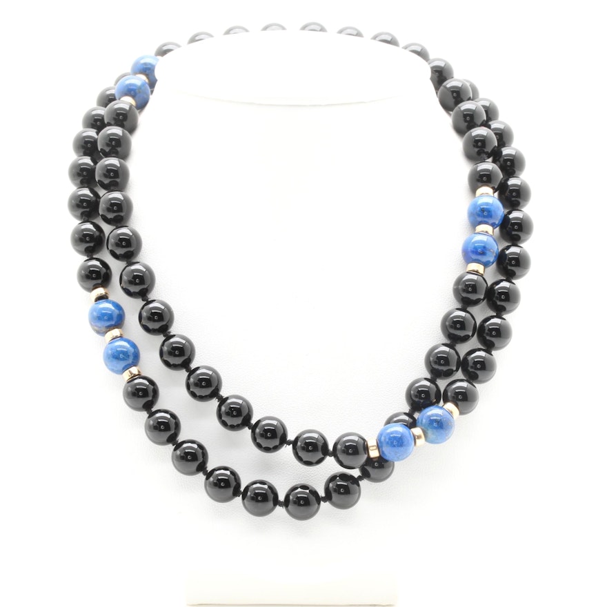 14K Yellow Gold Lapis Lazuli and Black Onyx Endless Necklace