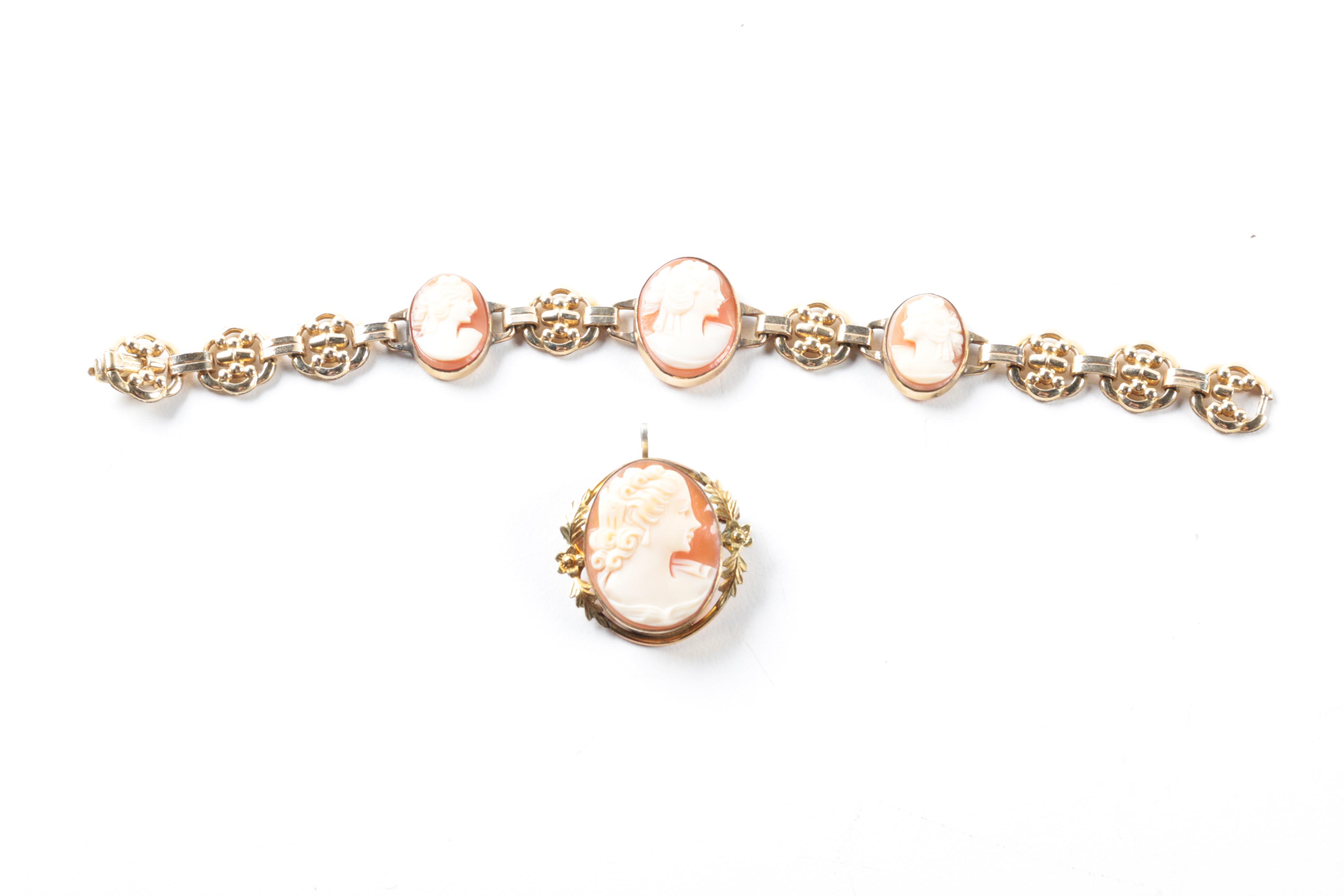 Gold Filled and Gold Tone Helmet Shell Cameo, Cultured Pearl and Enamel Jewelry