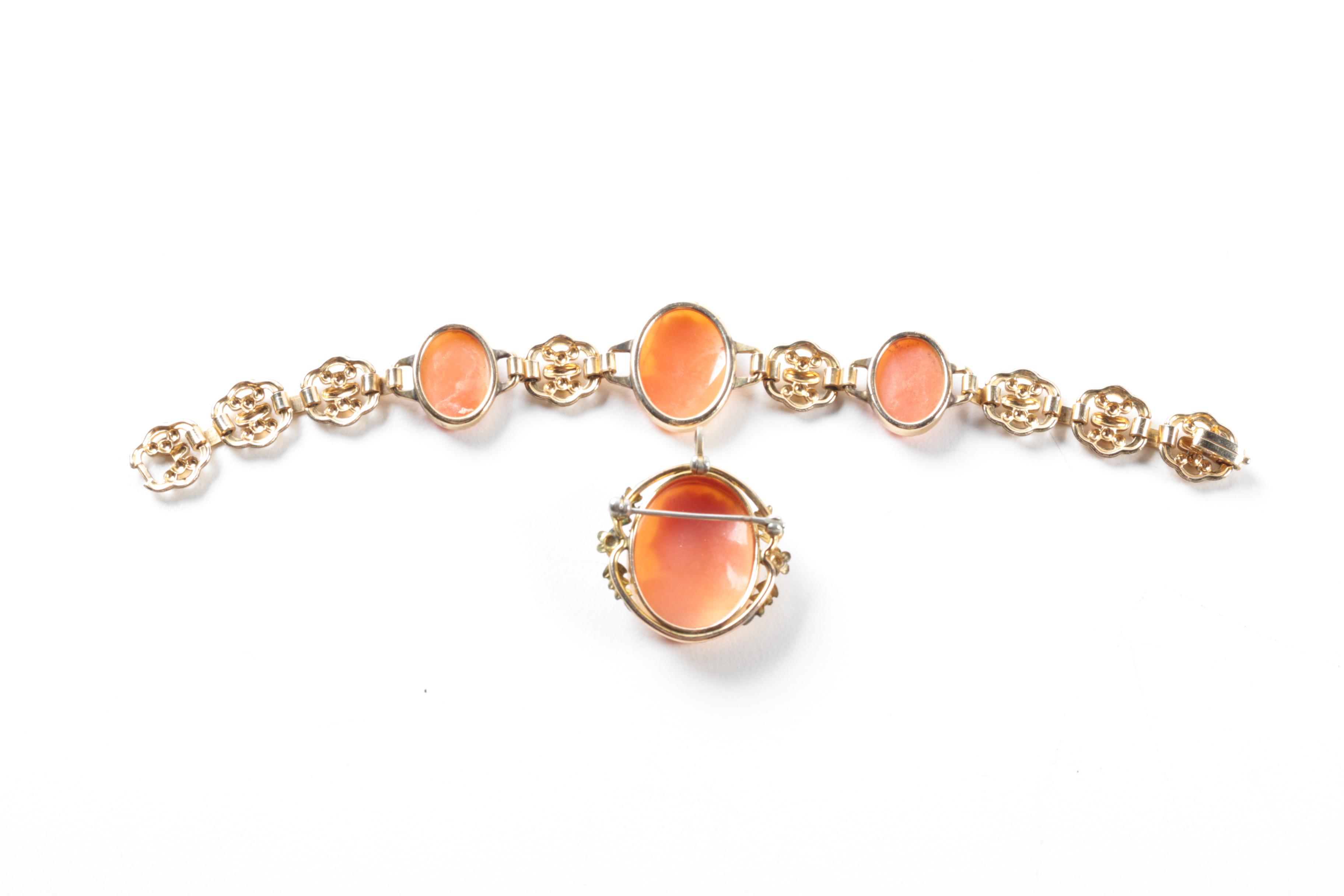 Gold Filled and Gold Tone Helmet Shell Cameo, Cultured Pearl and Enamel Jewelry