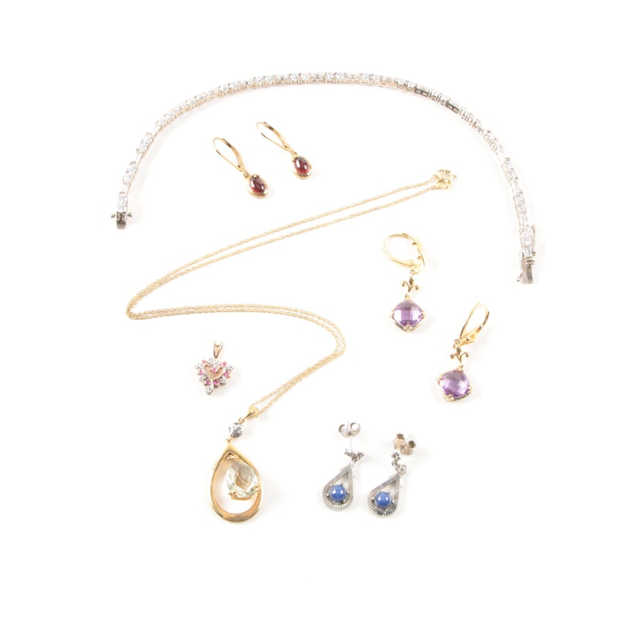 Sterling Silver and Gemstone Jewelry Including Synthetic Ruby and Gold Wash