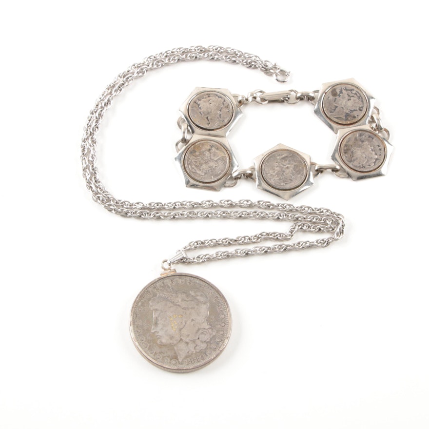 Sterling Silver Necklace and Costume Bracelet with Coins