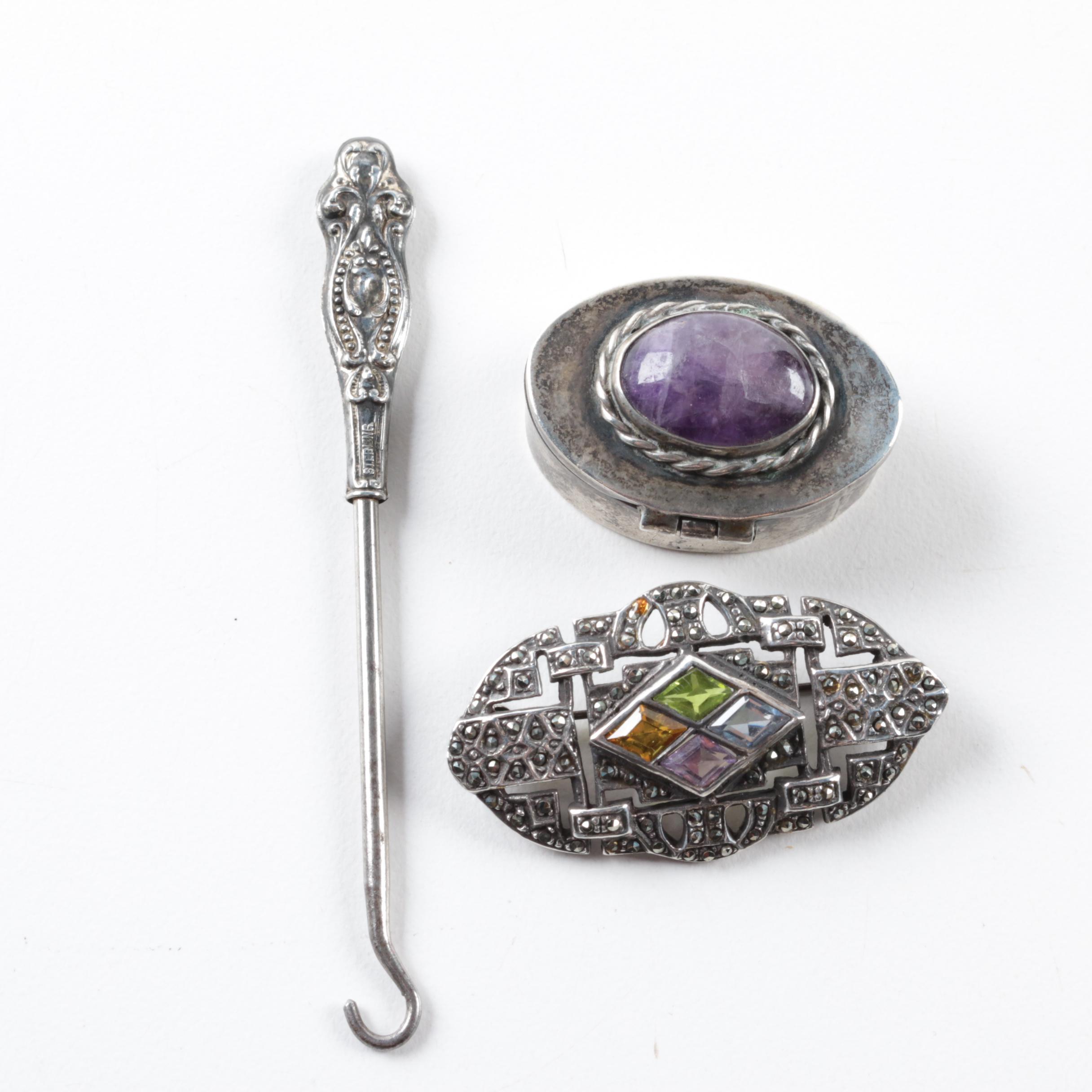 Assortment of Sterling Silver Multi Gemstone Jewelry, Pill Box and Button Hook