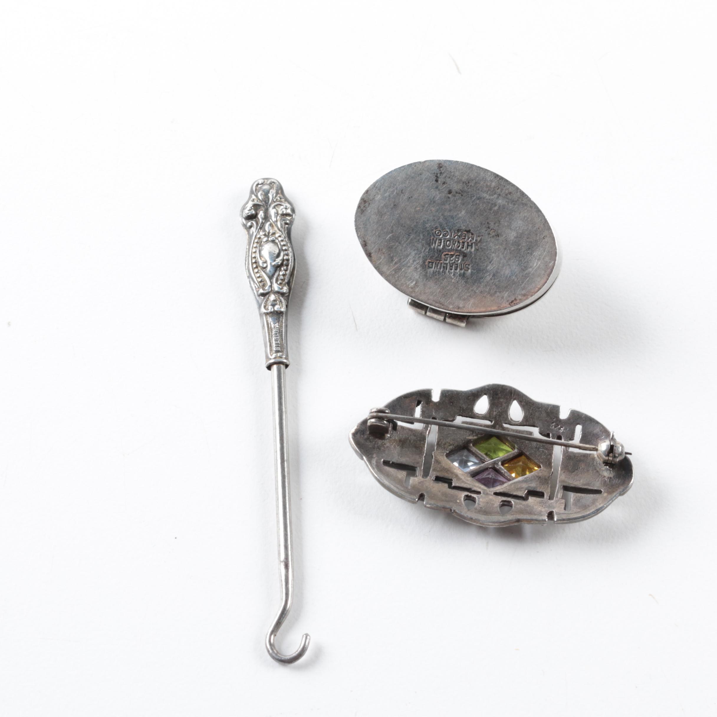 Assortment of Sterling Silver Multi Gemstone Jewelry, Pill Box and Button Hook