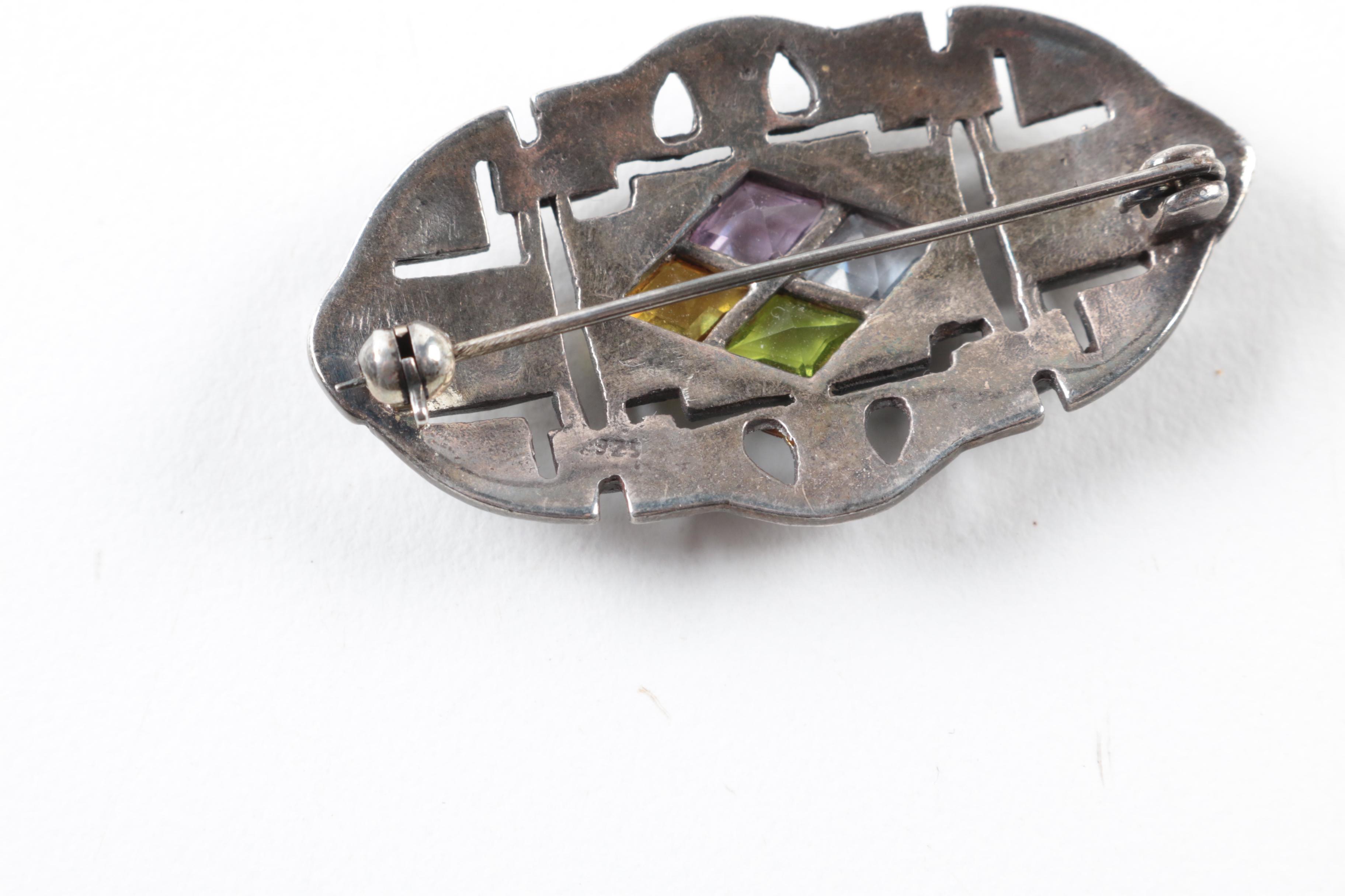 Assortment of Sterling Silver Multi Gemstone Jewelry, Pill Box and Button Hook