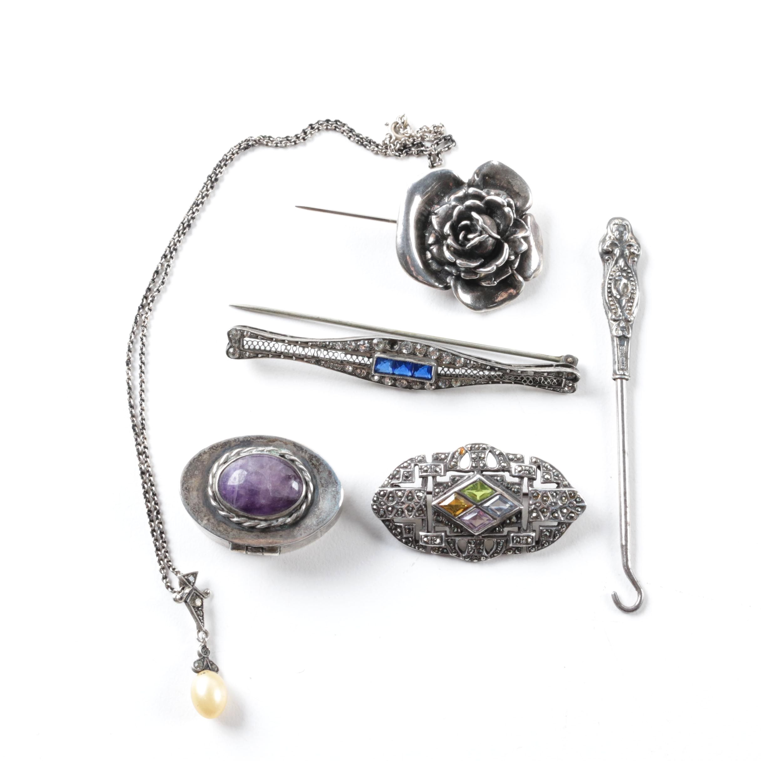 Assortment of Sterling Silver Multi Gemstone Jewelry, Pill Box and Button Hook