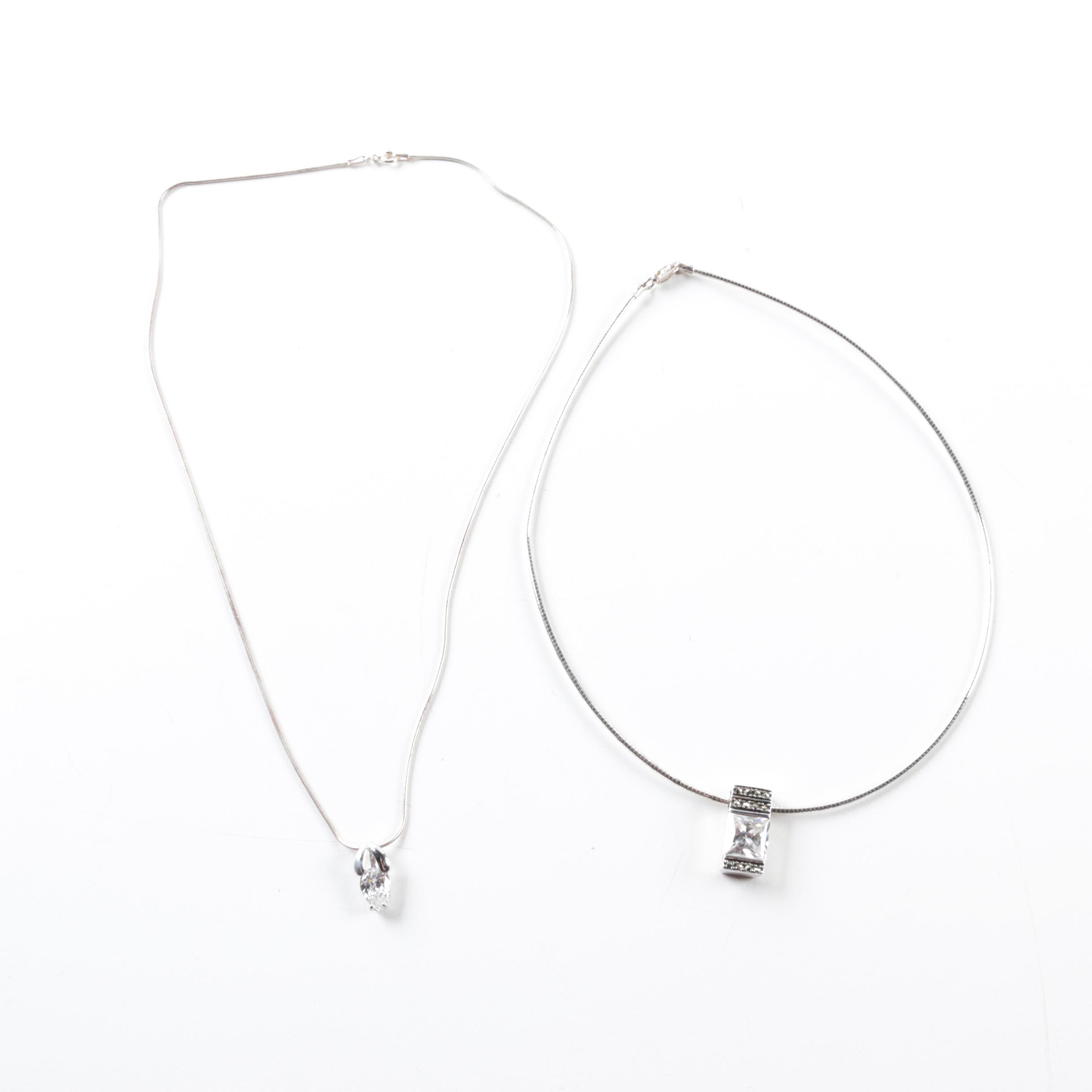 Sterling Silver Marcasite and Cubic Zirconia Brooch, Bracelet and Necklaces