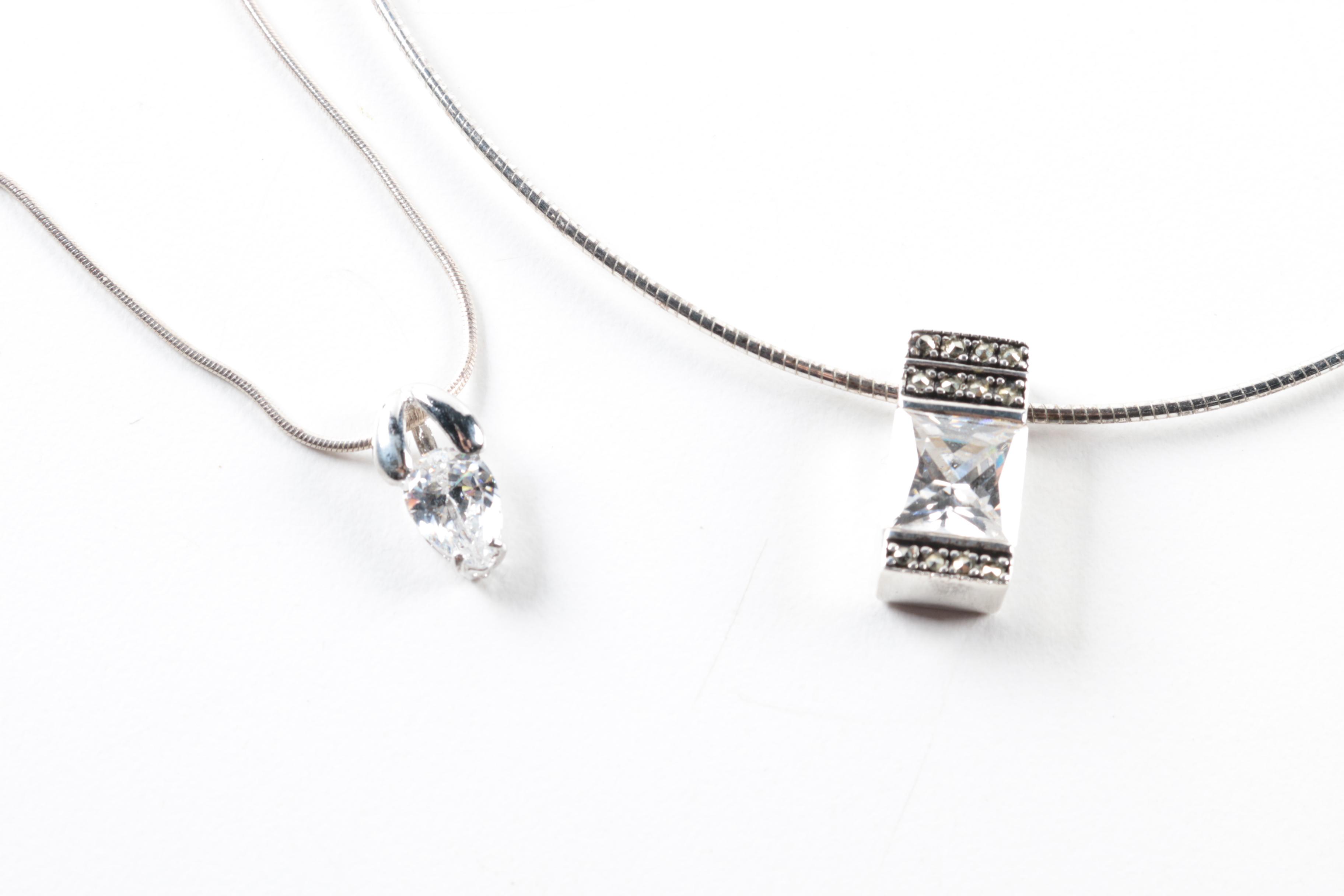 Sterling Silver Marcasite and Cubic Zirconia Brooch, Bracelet and Necklaces