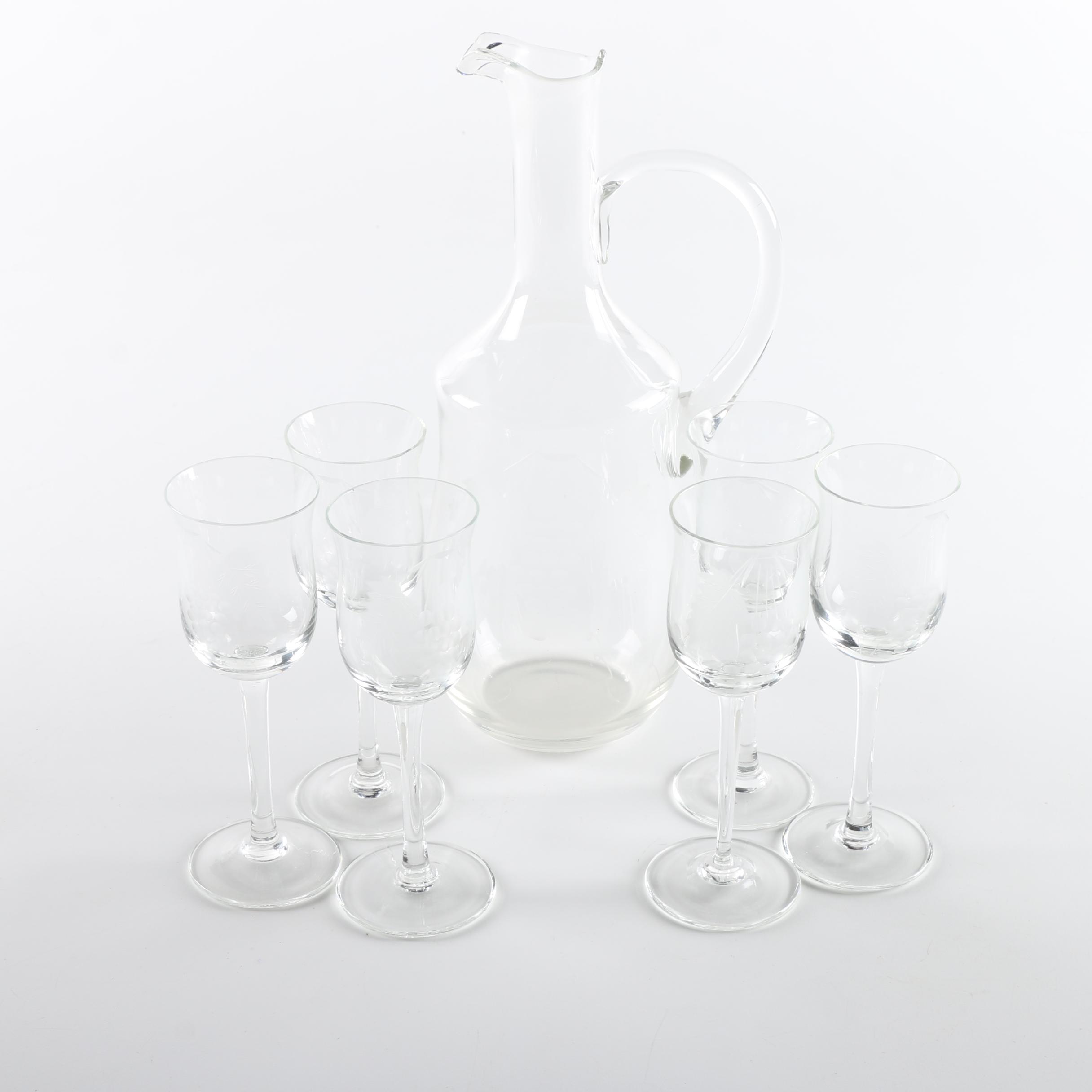 Blown Glass Decanter with Etched Cordial Glasses