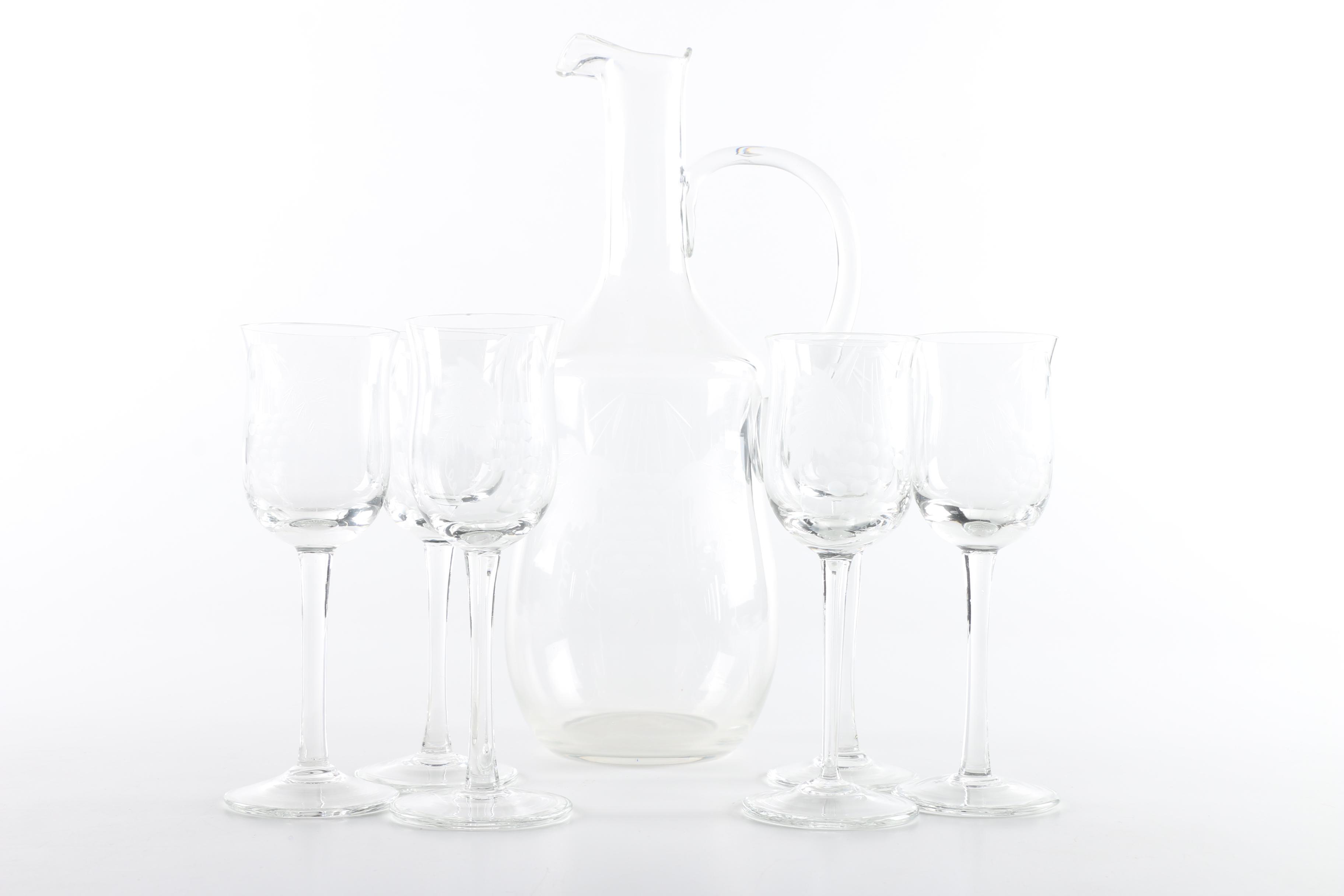 Blown Glass Decanter with Etched Cordial Glasses