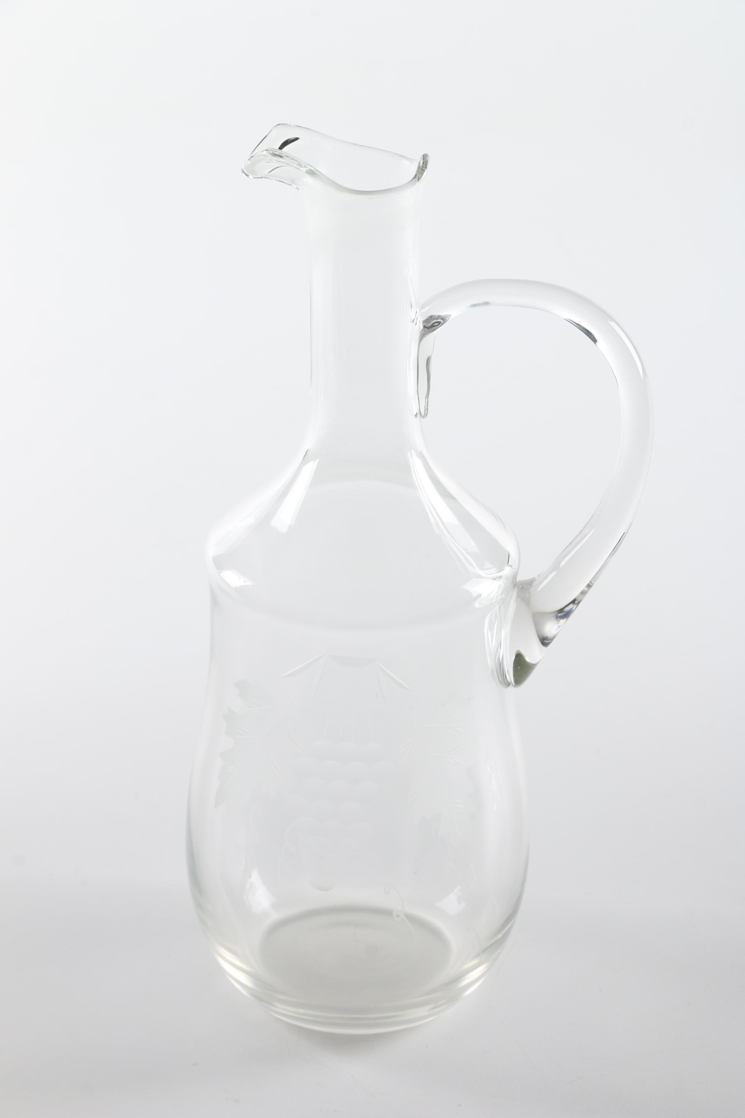 Blown Glass Decanter with Etched Cordial Glasses