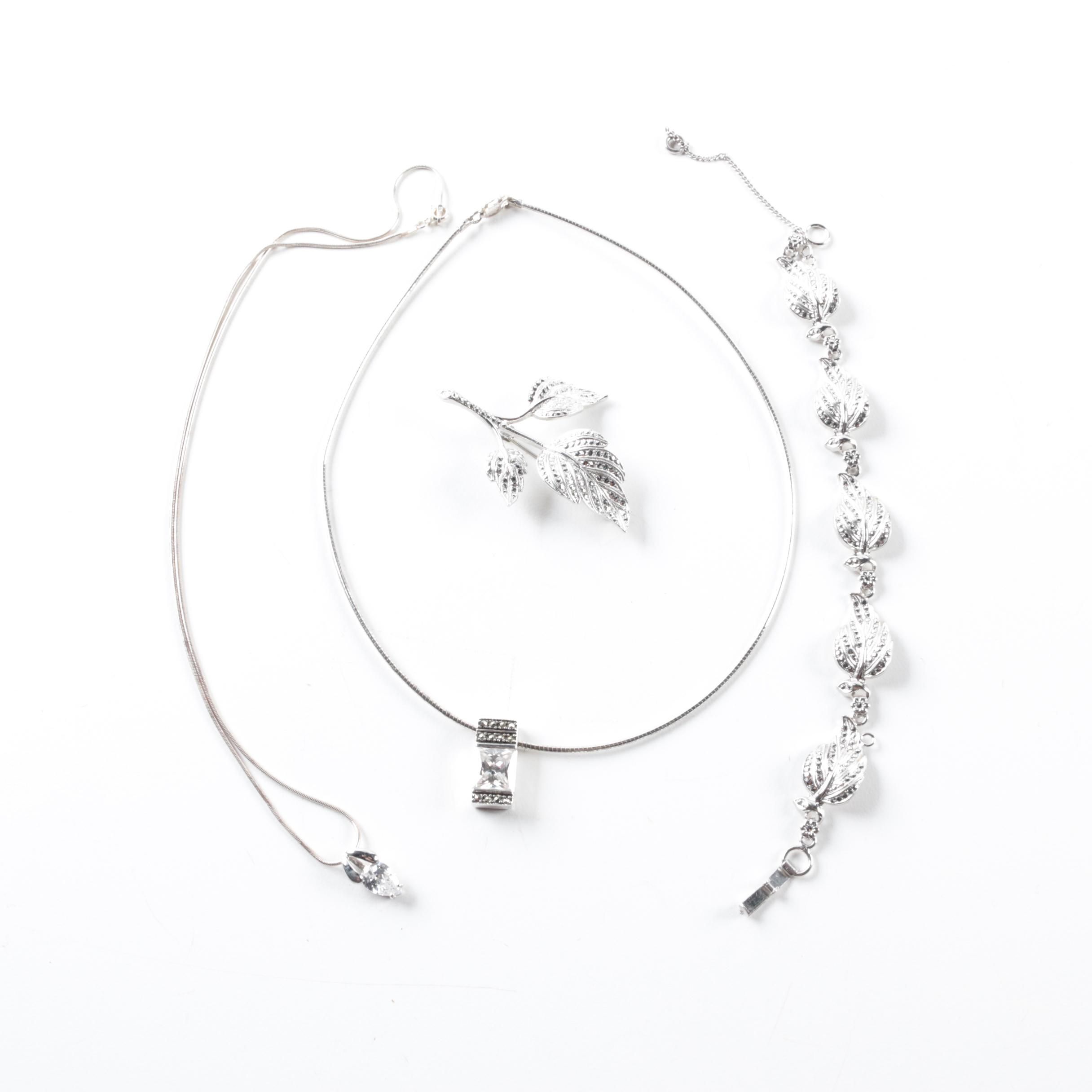 Sterling Silver Marcasite and Cubic Zirconia Brooch, Bracelet and Necklaces