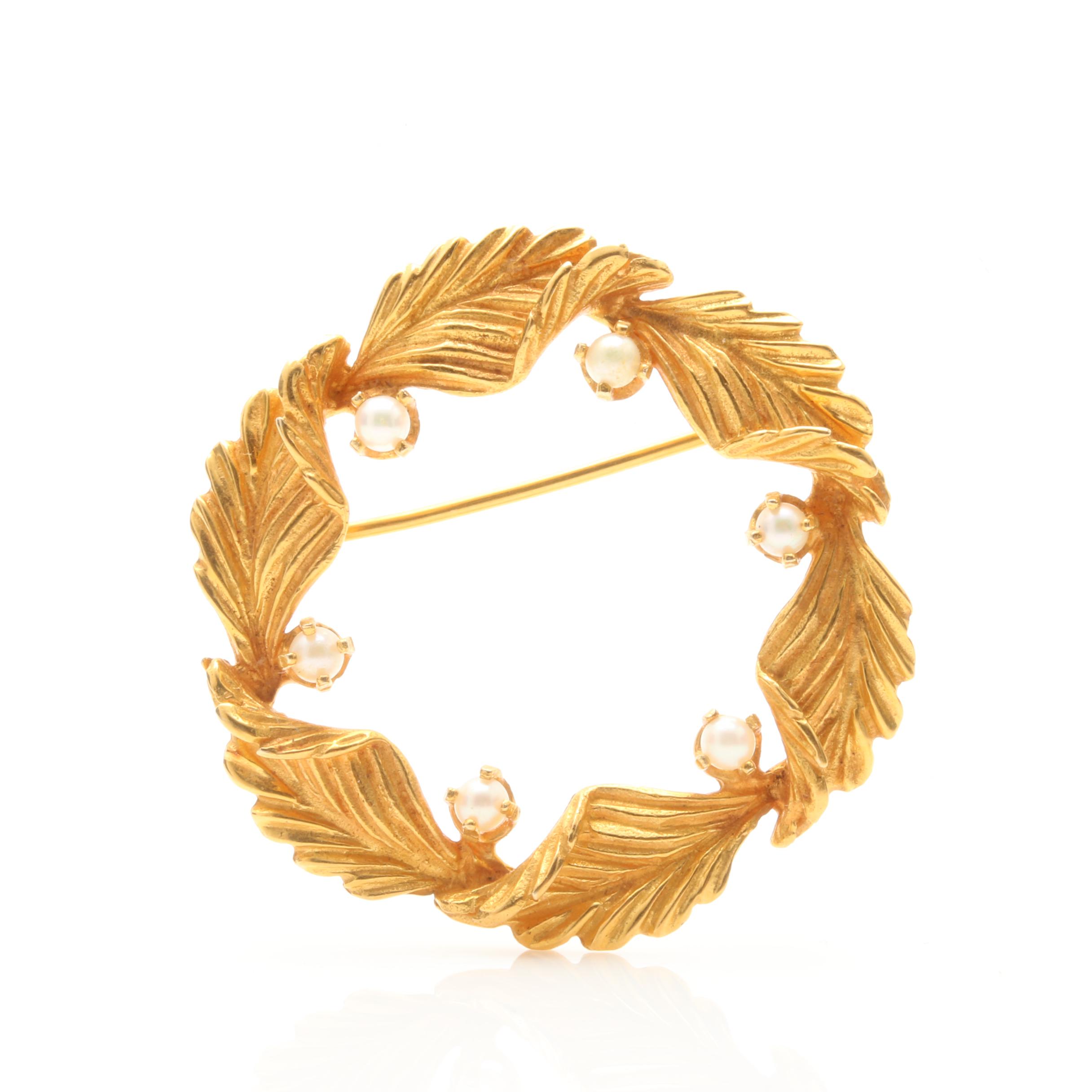 14K Yellow Gold Cultured Pearl Wreath Brooch