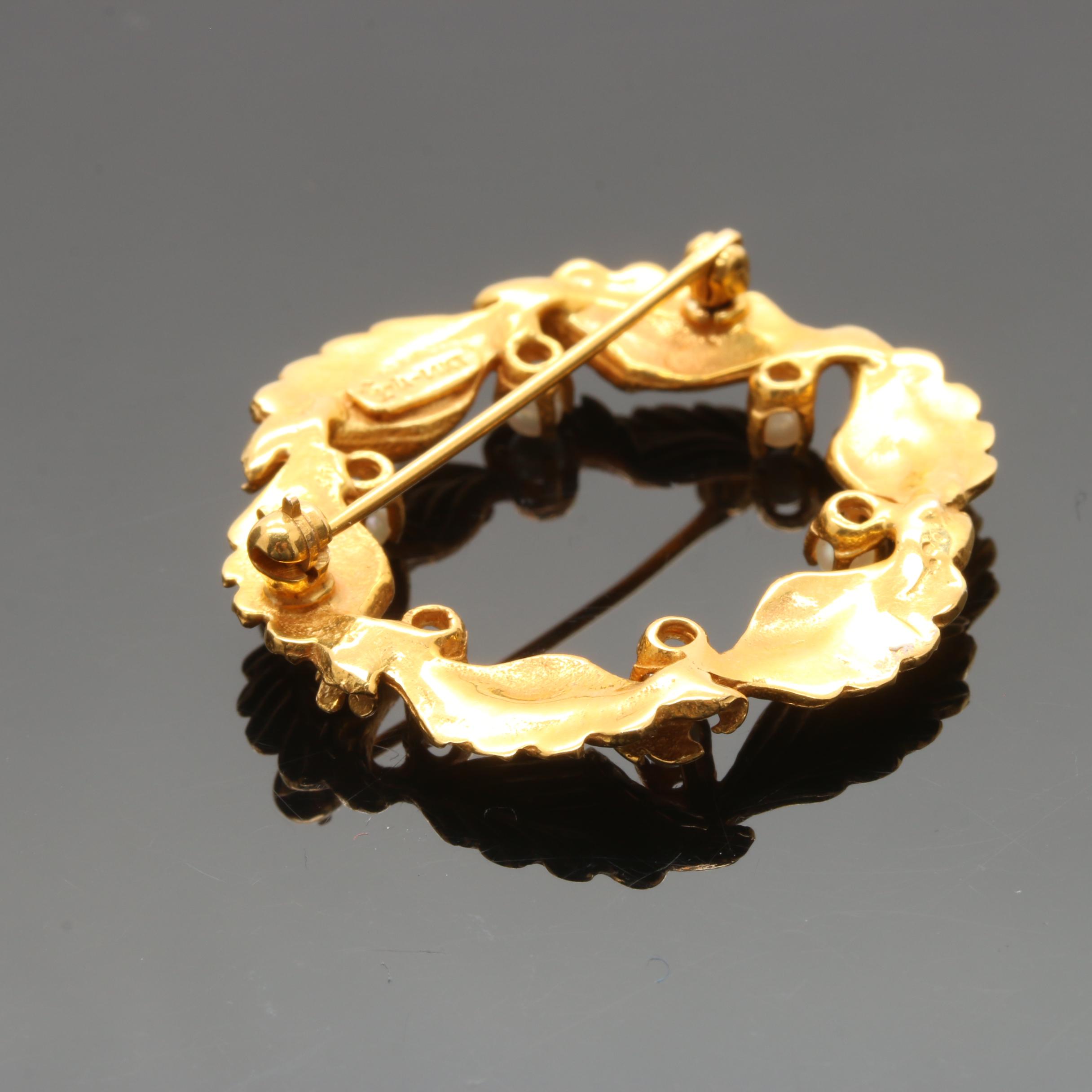 14K Yellow Gold Cultured Pearl Wreath Brooch