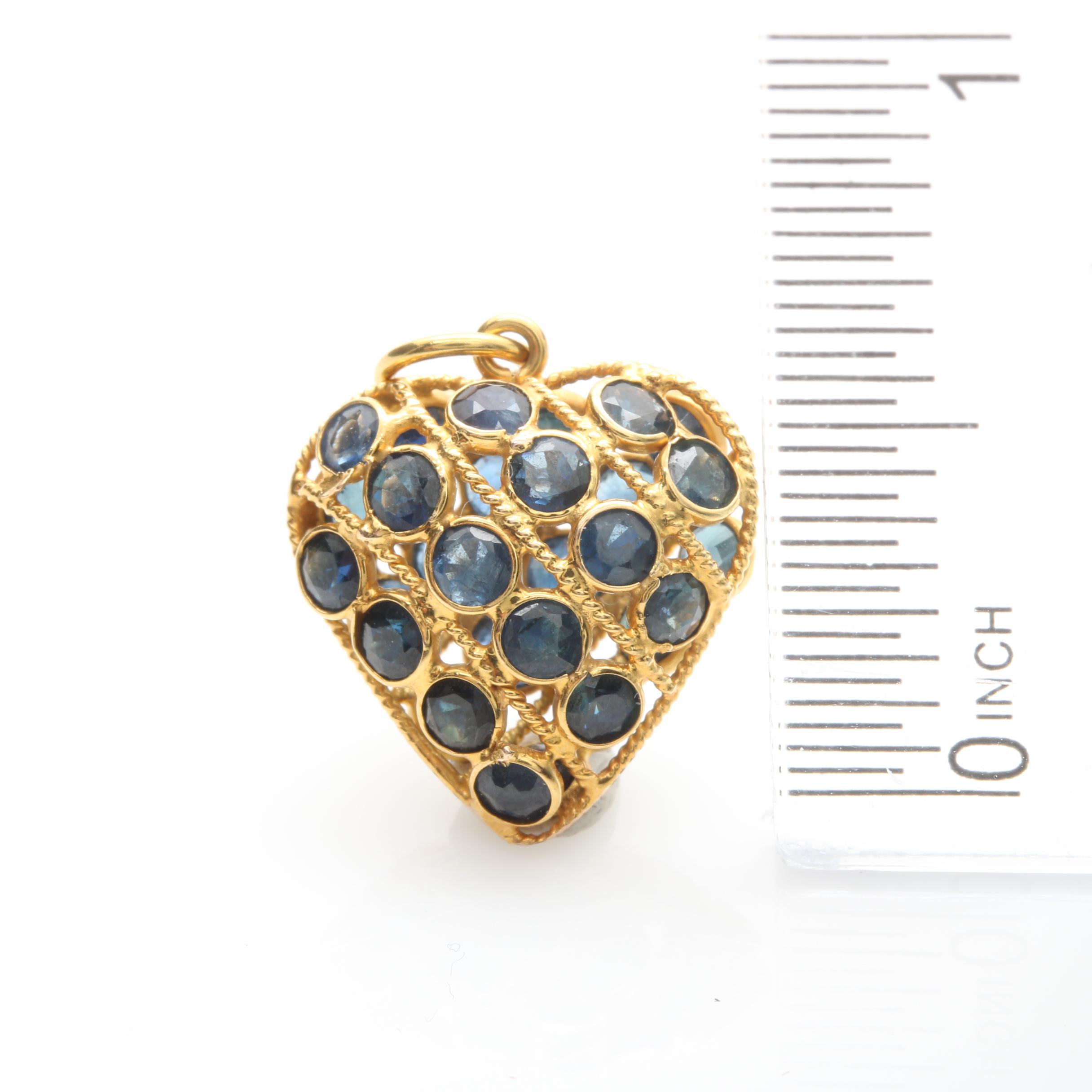 14K Yellow Gold Blue Sapphire Heart Pendant