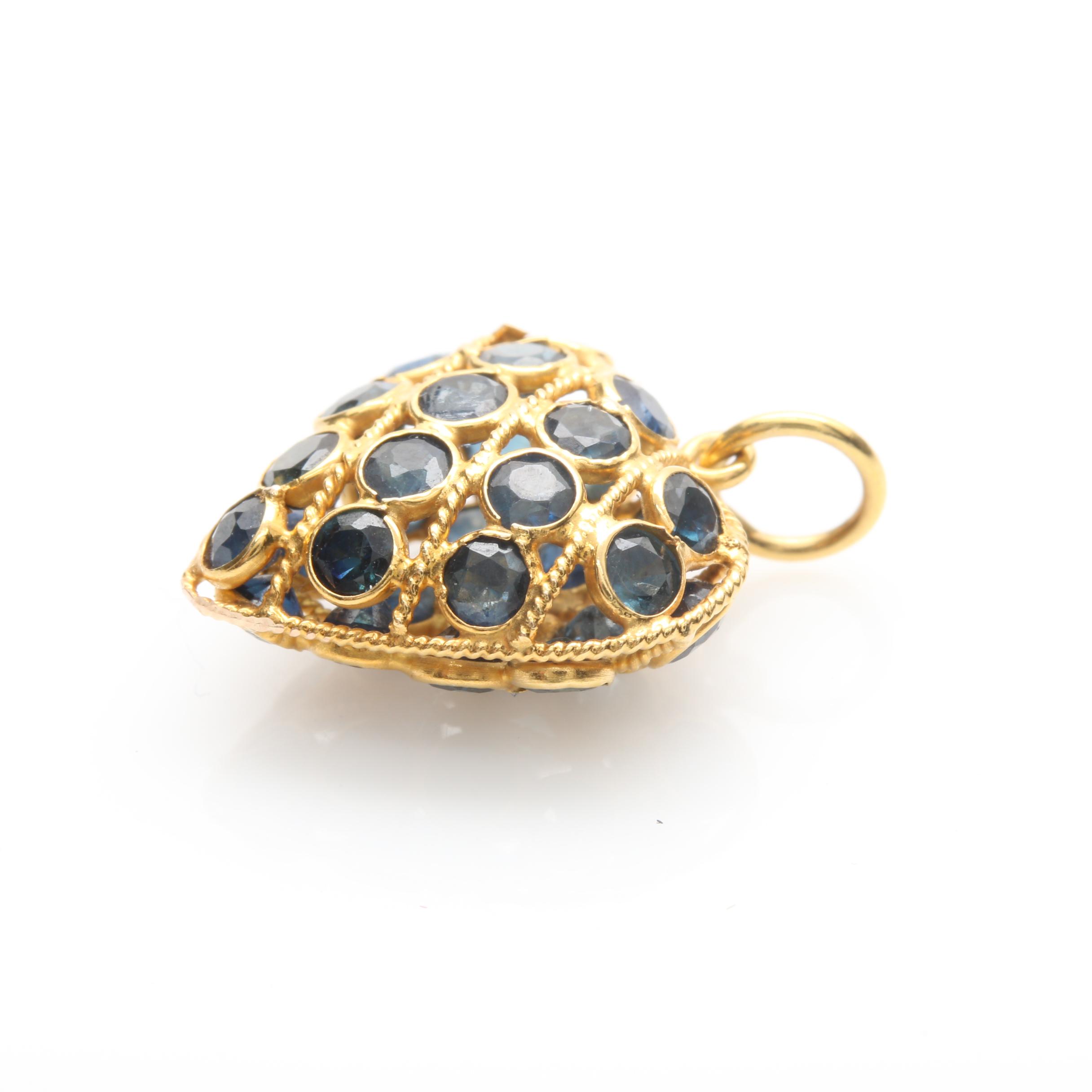 14K Yellow Gold Blue Sapphire Heart Pendant