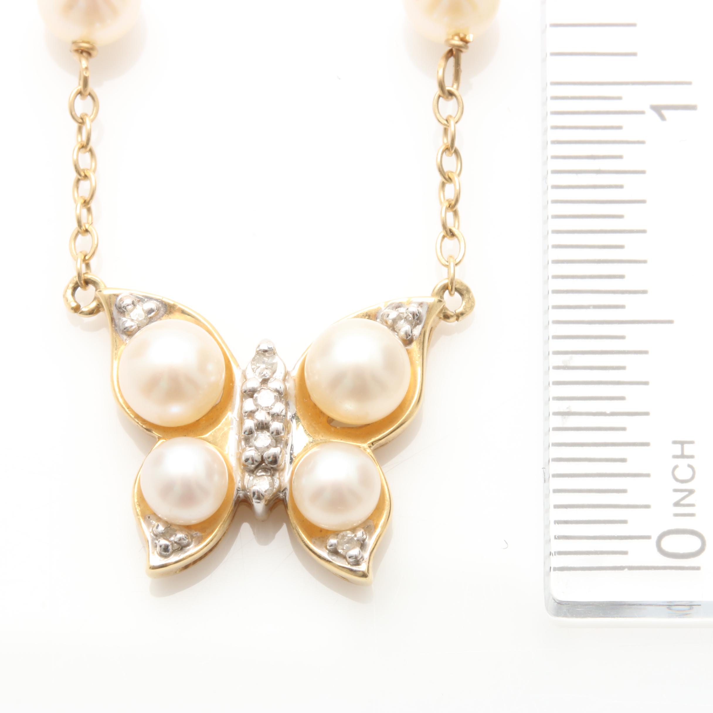 14K Yellow Gold Cultured Pearl and Diamond Butterfly Necklace