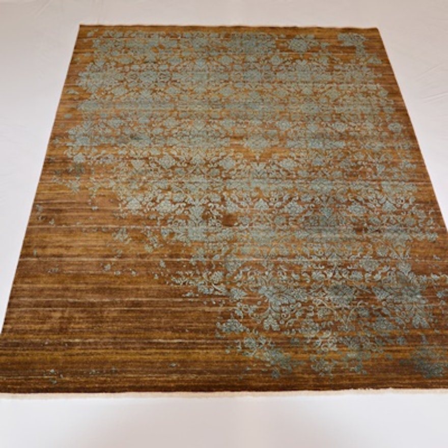 Hand-Knotted Jaipur Damask Wool and Silk Area Rug