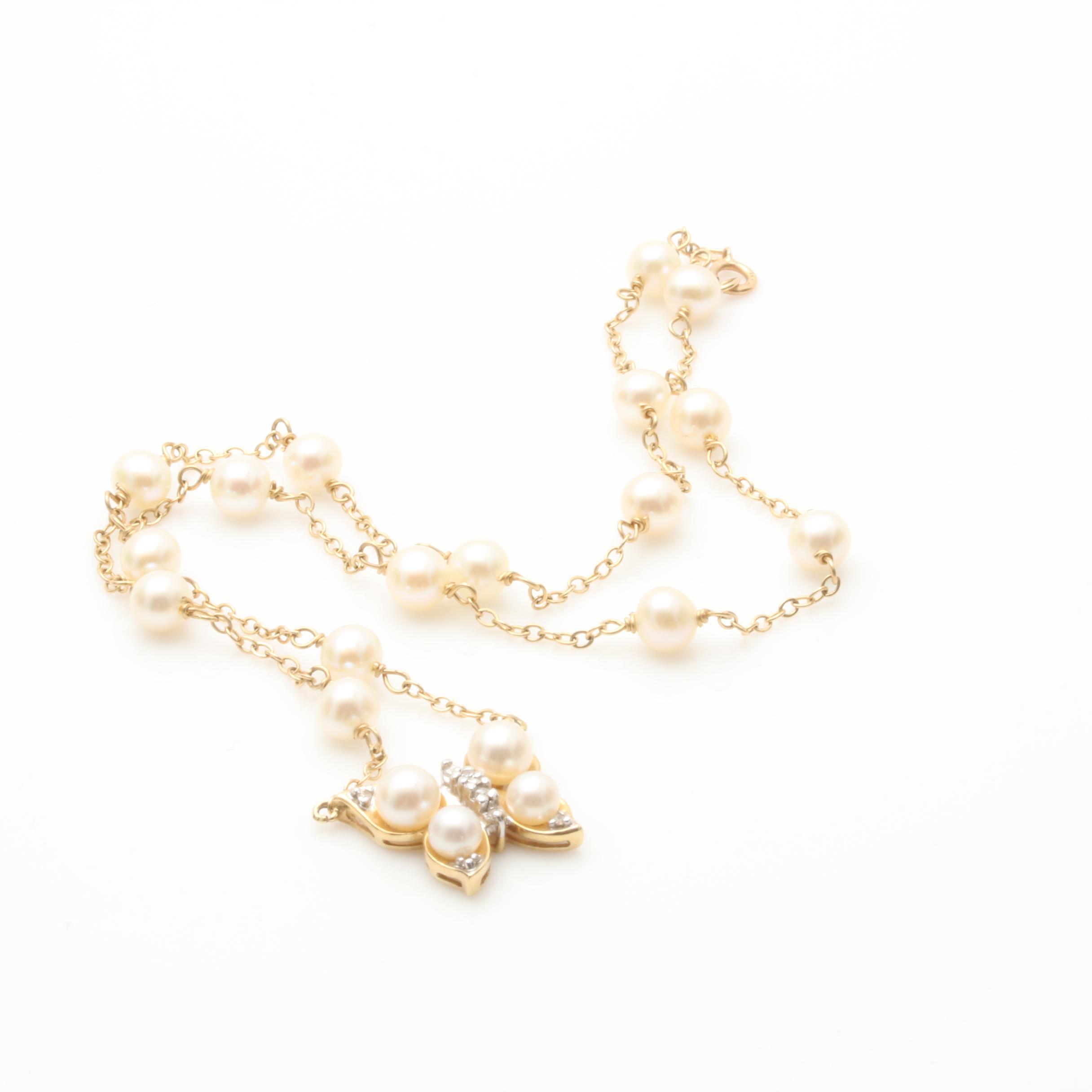 14K Yellow Gold Cultured Pearl and Diamond Butterfly Necklace