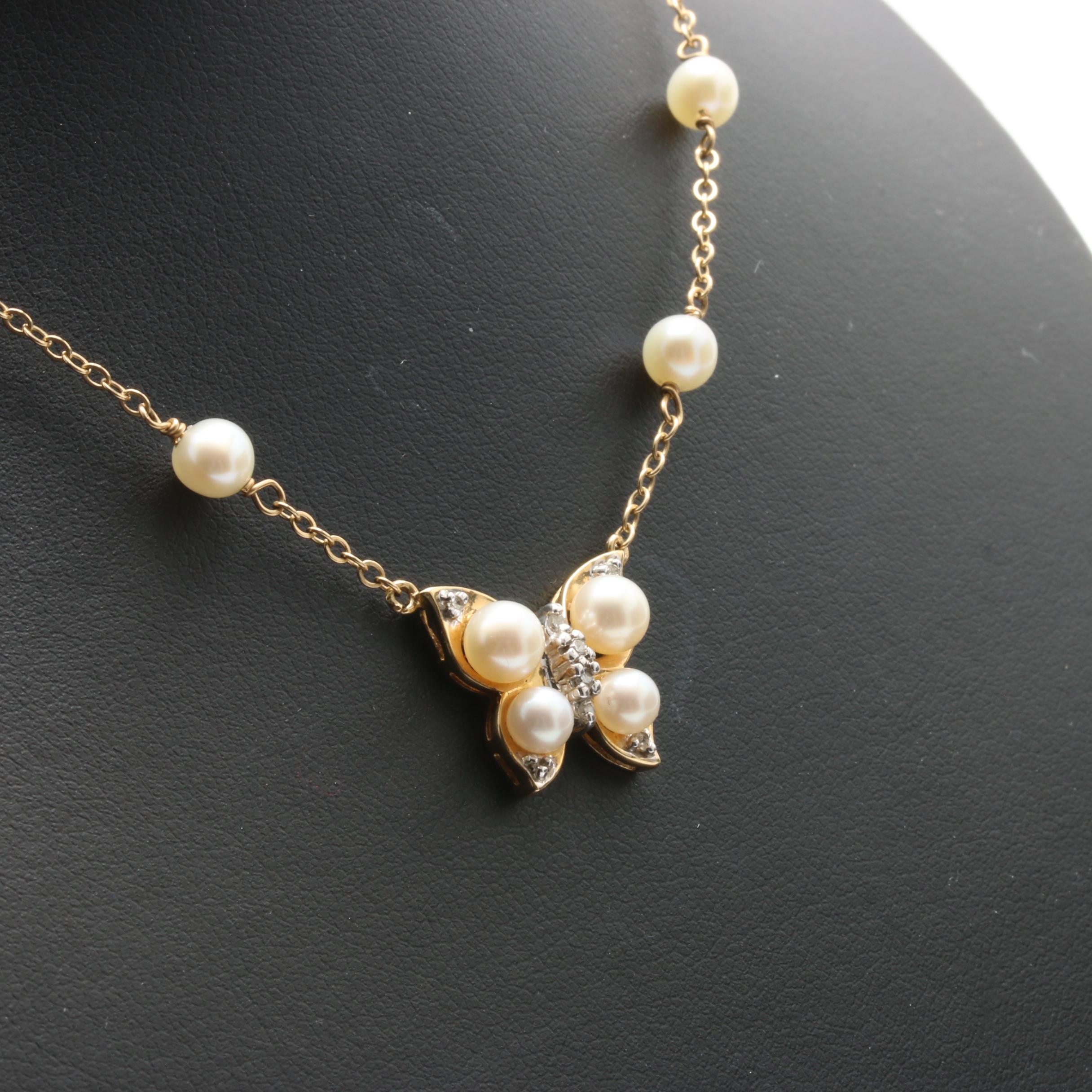 14K Yellow Gold Cultured Pearl and Diamond Butterfly Necklace