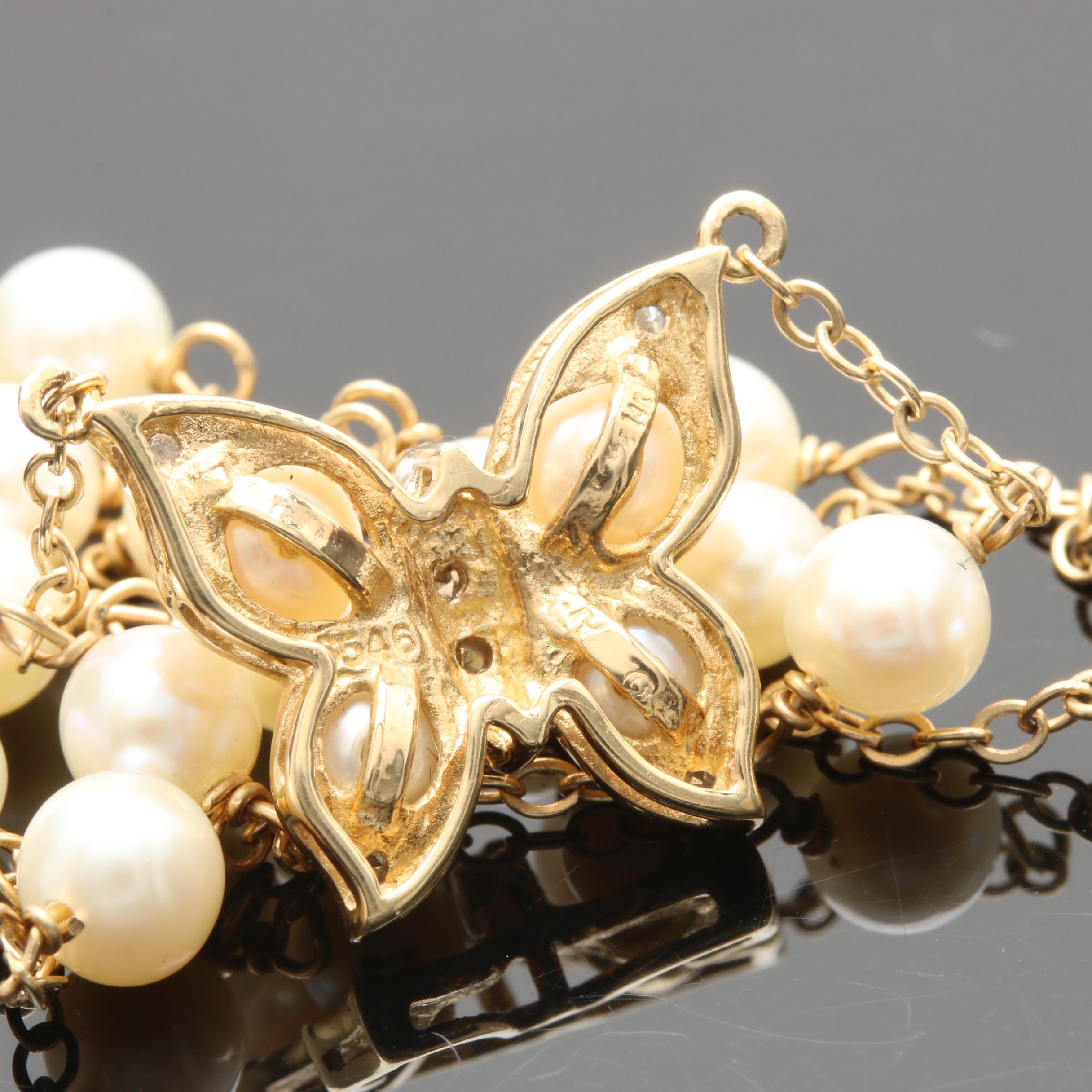 14K Yellow Gold Cultured Pearl and Diamond Butterfly Necklace