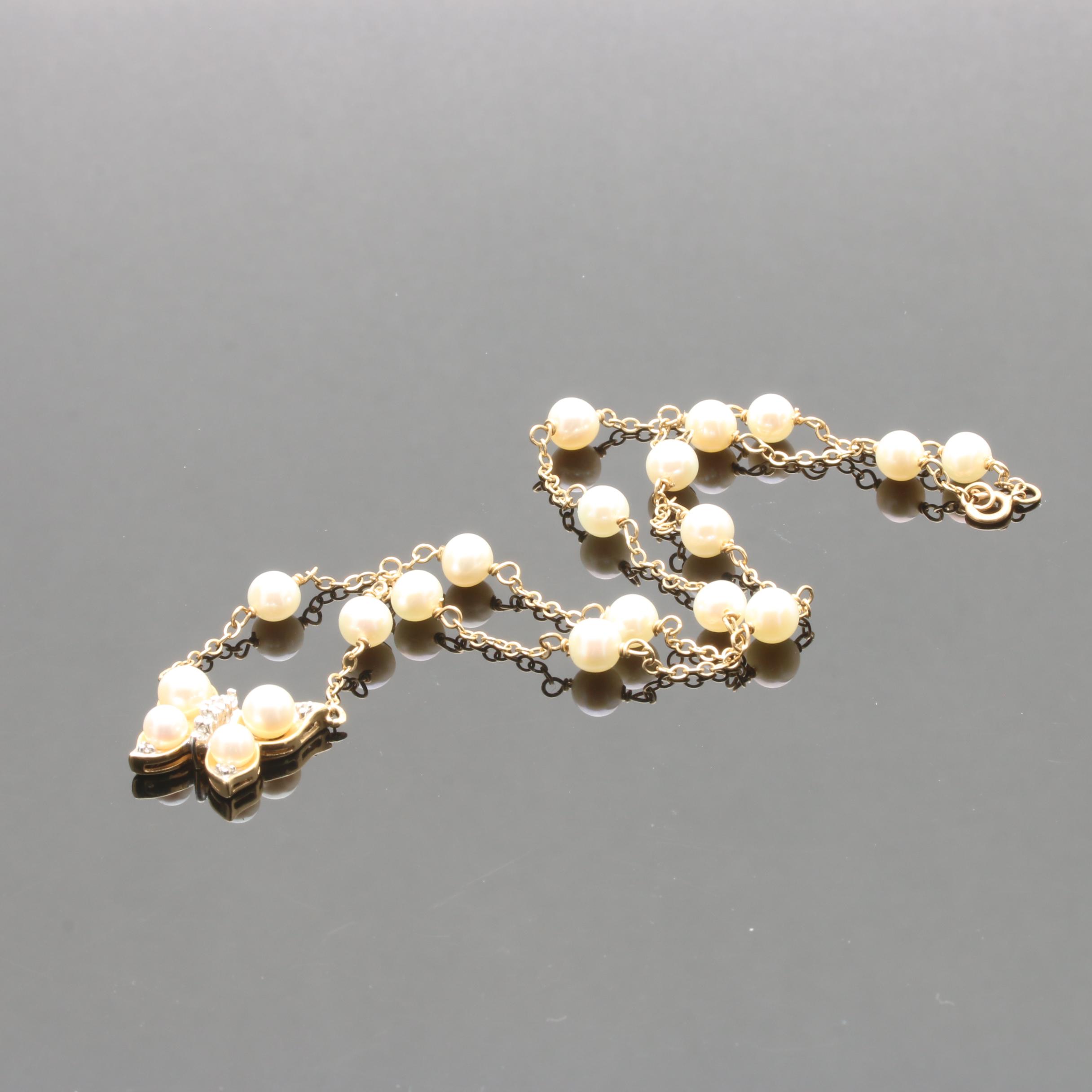 14K Yellow Gold Cultured Pearl and Diamond Butterfly Necklace
