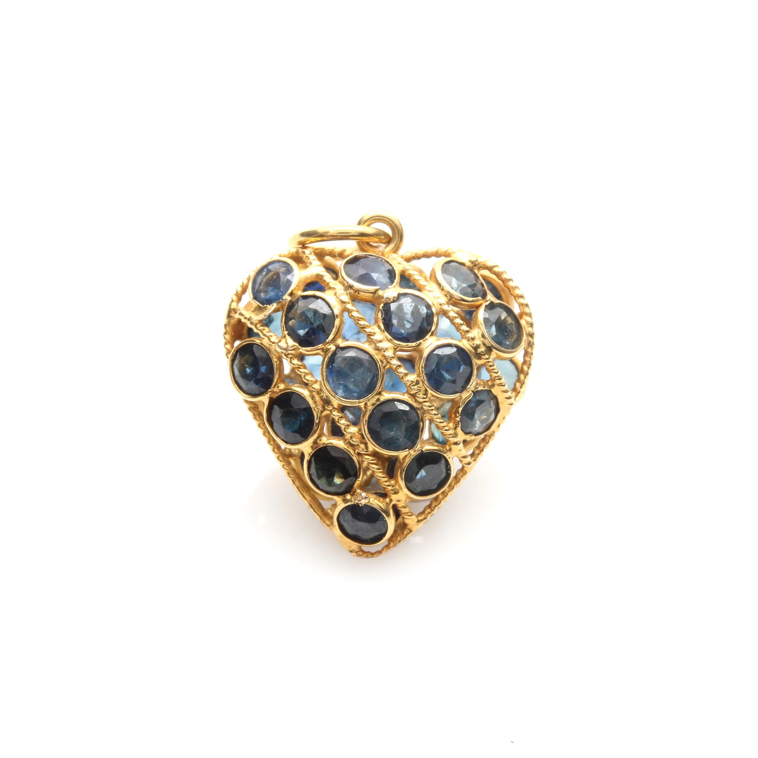 14K Yellow Gold Blue Sapphire Heart Pendant