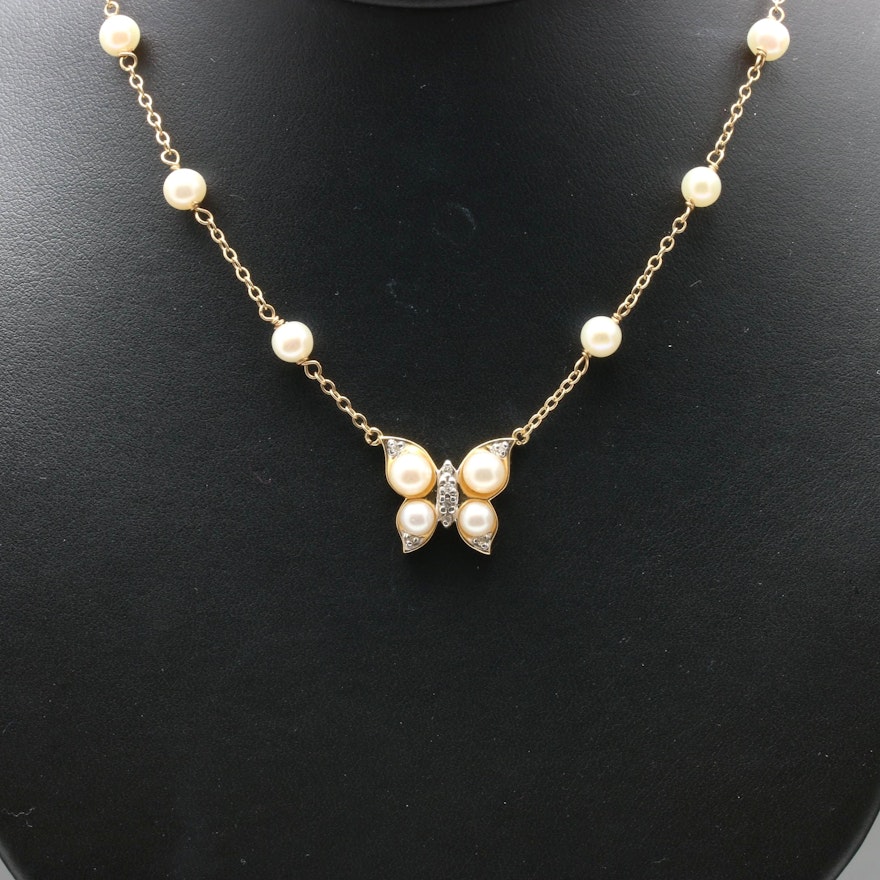 14K Yellow Gold Cultured Pearl and Diamond Butterfly Necklace