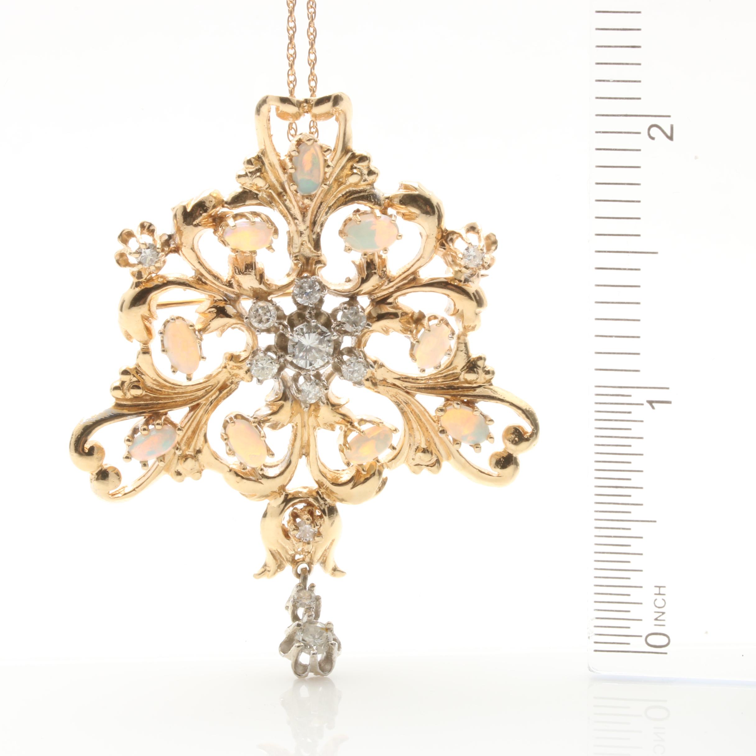Vintage 14K Yellow Gold Diamond and Opal Pendant Necklace