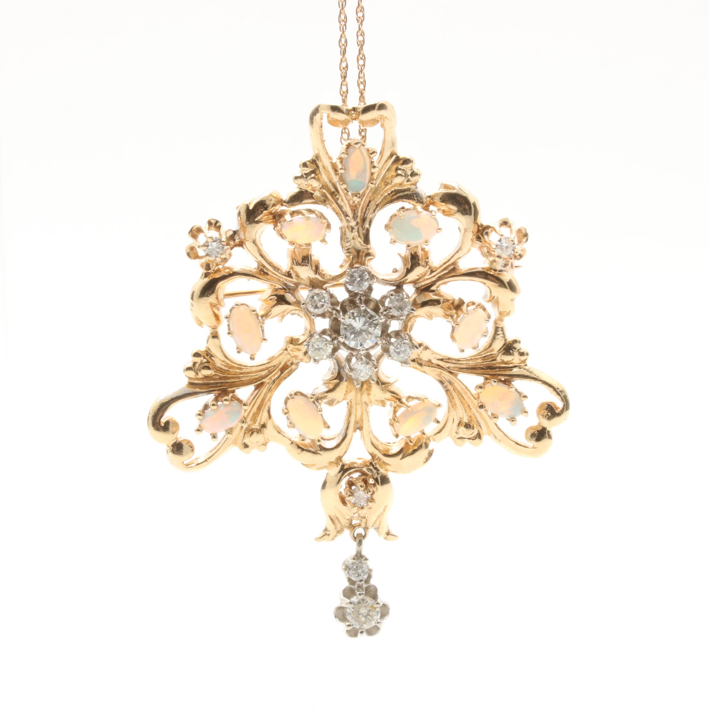 Vintage 14K Yellow Gold Diamond and Opal Pendant Necklace