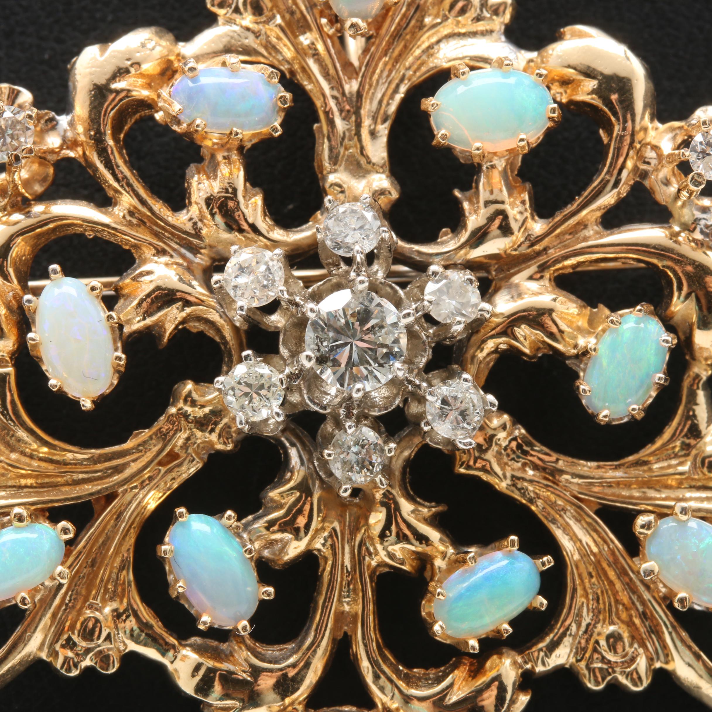 Vintage 14K Yellow Gold Diamond and Opal Pendant Necklace