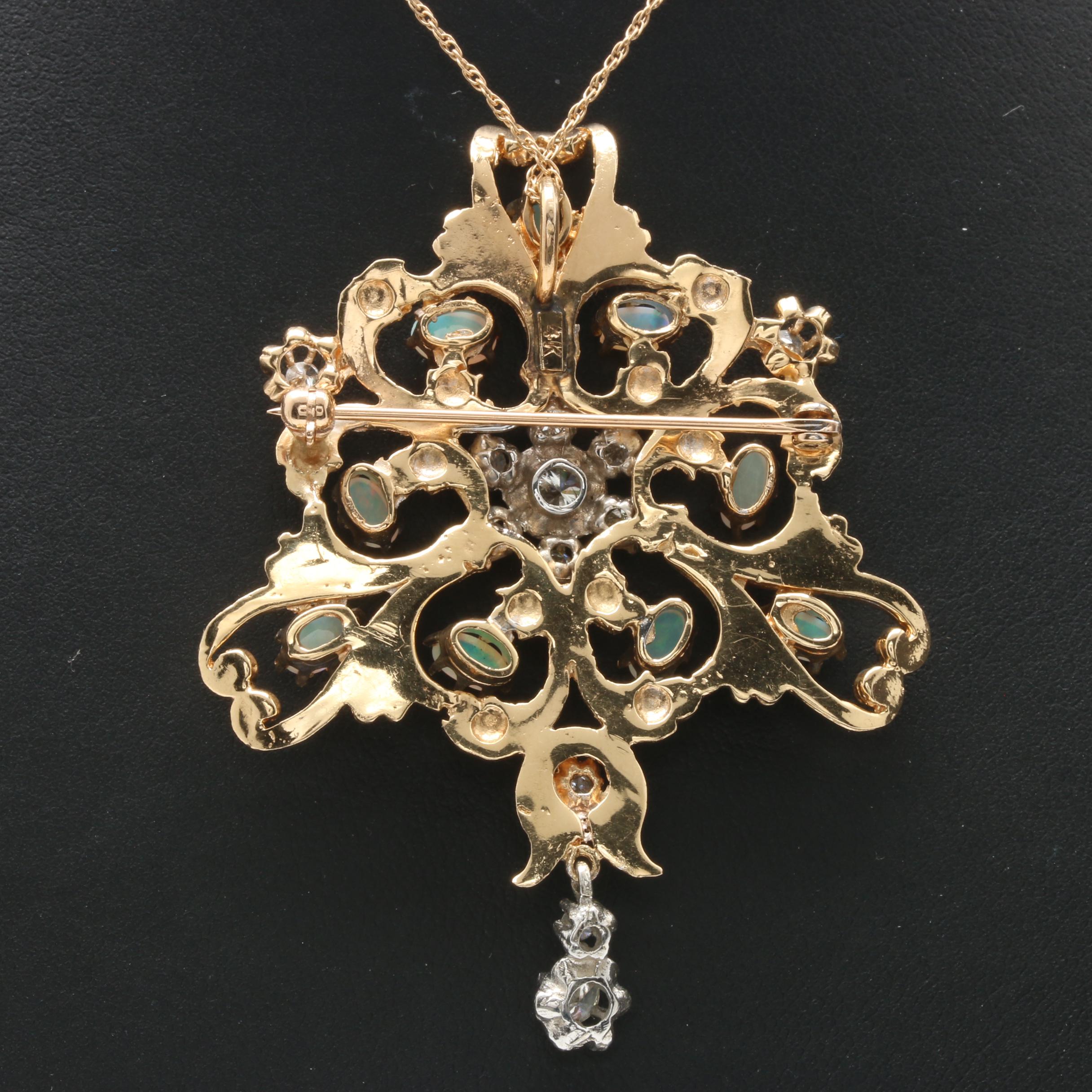 Vintage 14K Yellow Gold Diamond and Opal Pendant Necklace