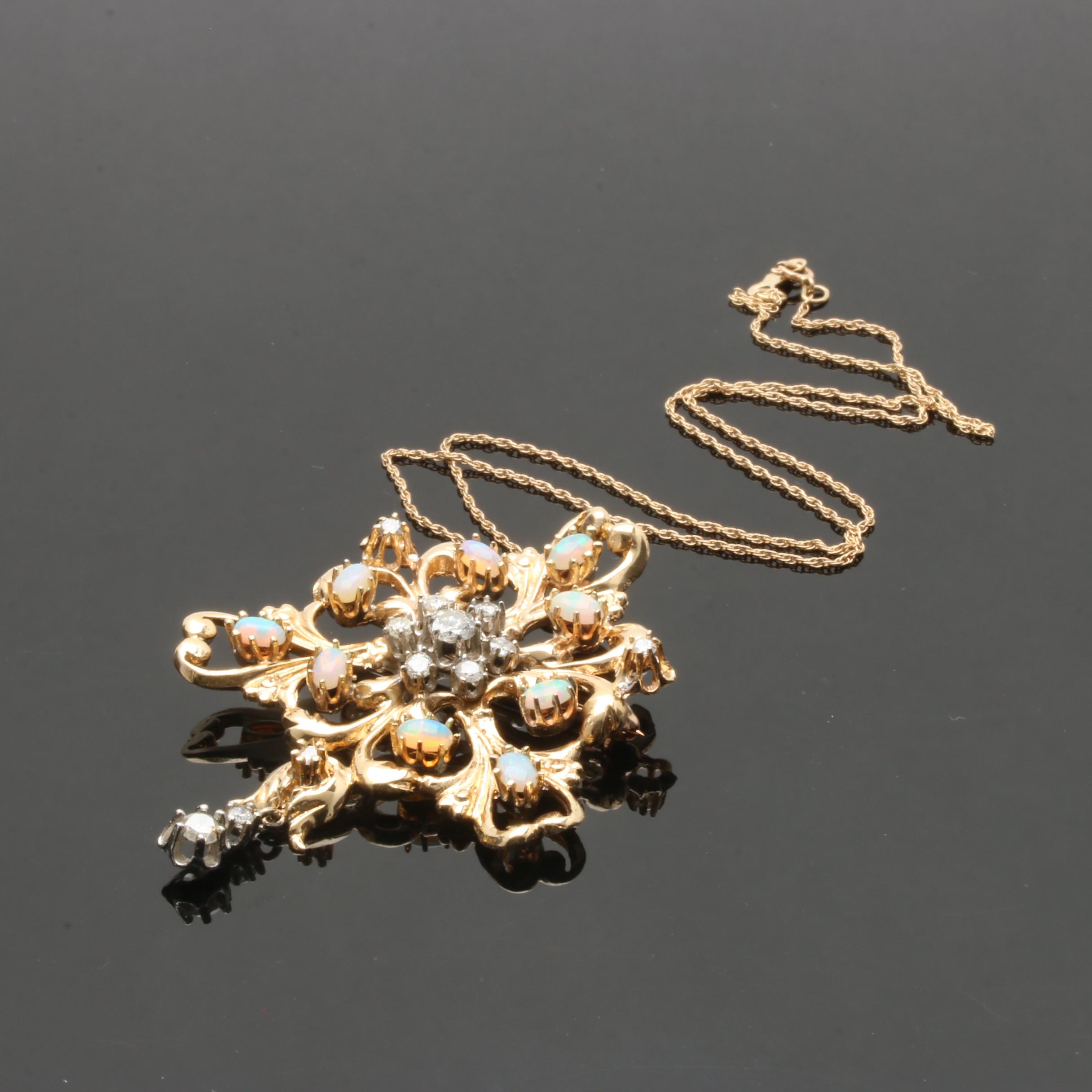 Vintage 14K Yellow Gold Diamond and Opal Pendant Necklace