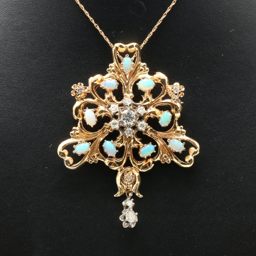 Vintage 14K Yellow Gold Diamond and Opal Pendant Necklace