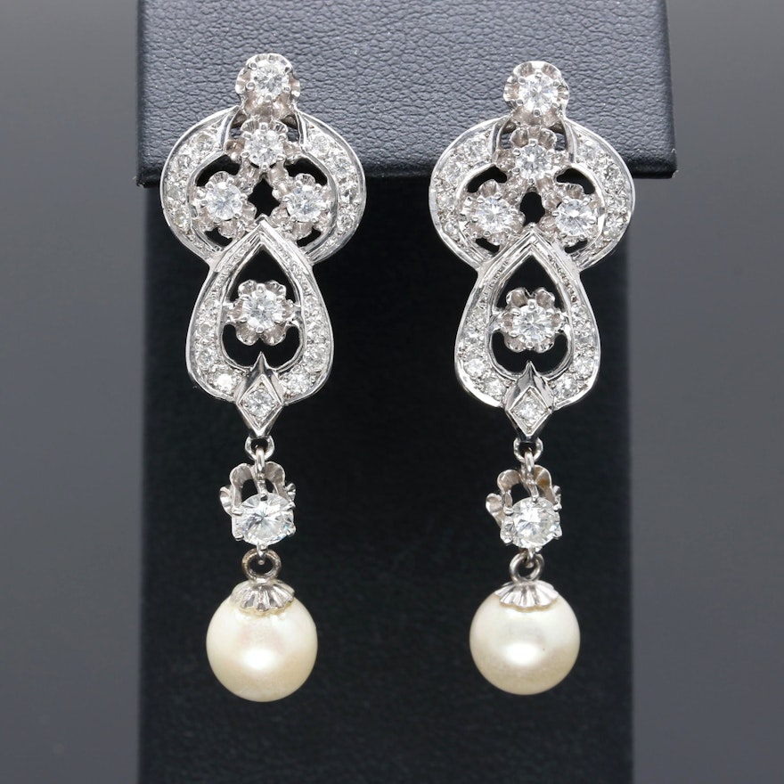 14K White Gold 1.81 CTW Diamond and Cultured Pearl Earrings